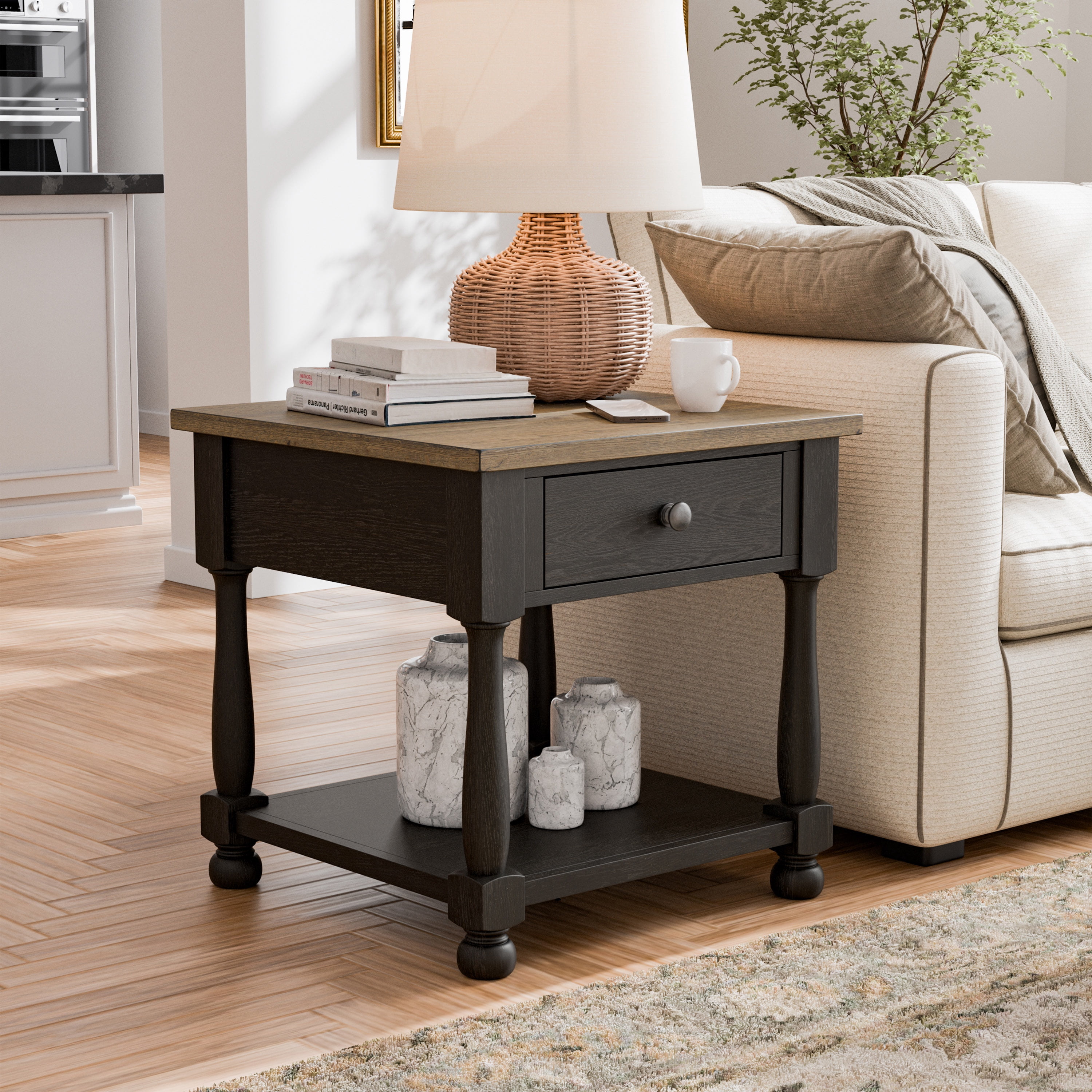 Furniture of America Millers Modern 1-Drawer Solid Wood End Table, Weathered Black