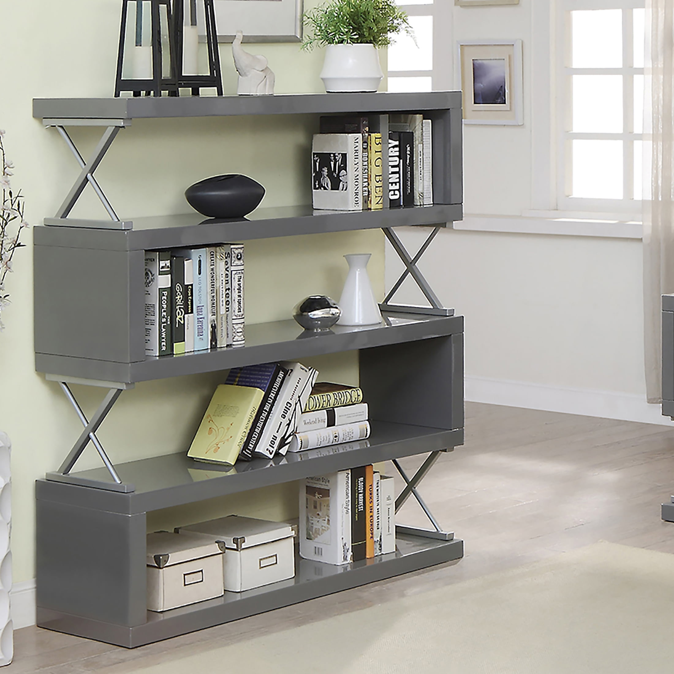 Furniture of America Milo 5-Shelf Bookcase, Glossy Gray