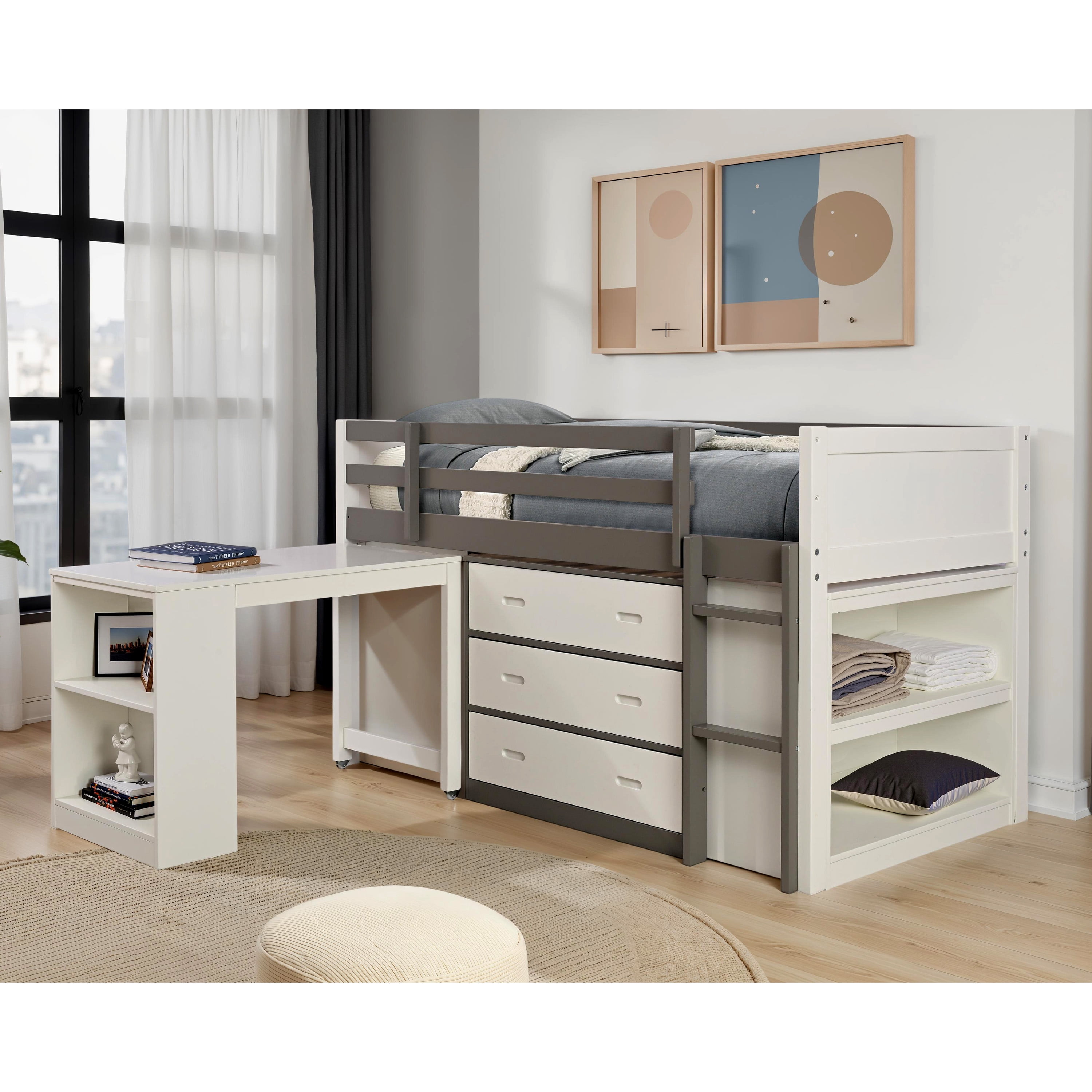 Furniture of America Mita Kids Wood Twin Loft Bed with Movable 3-Drawer Cabinet And Nesting Desk, White