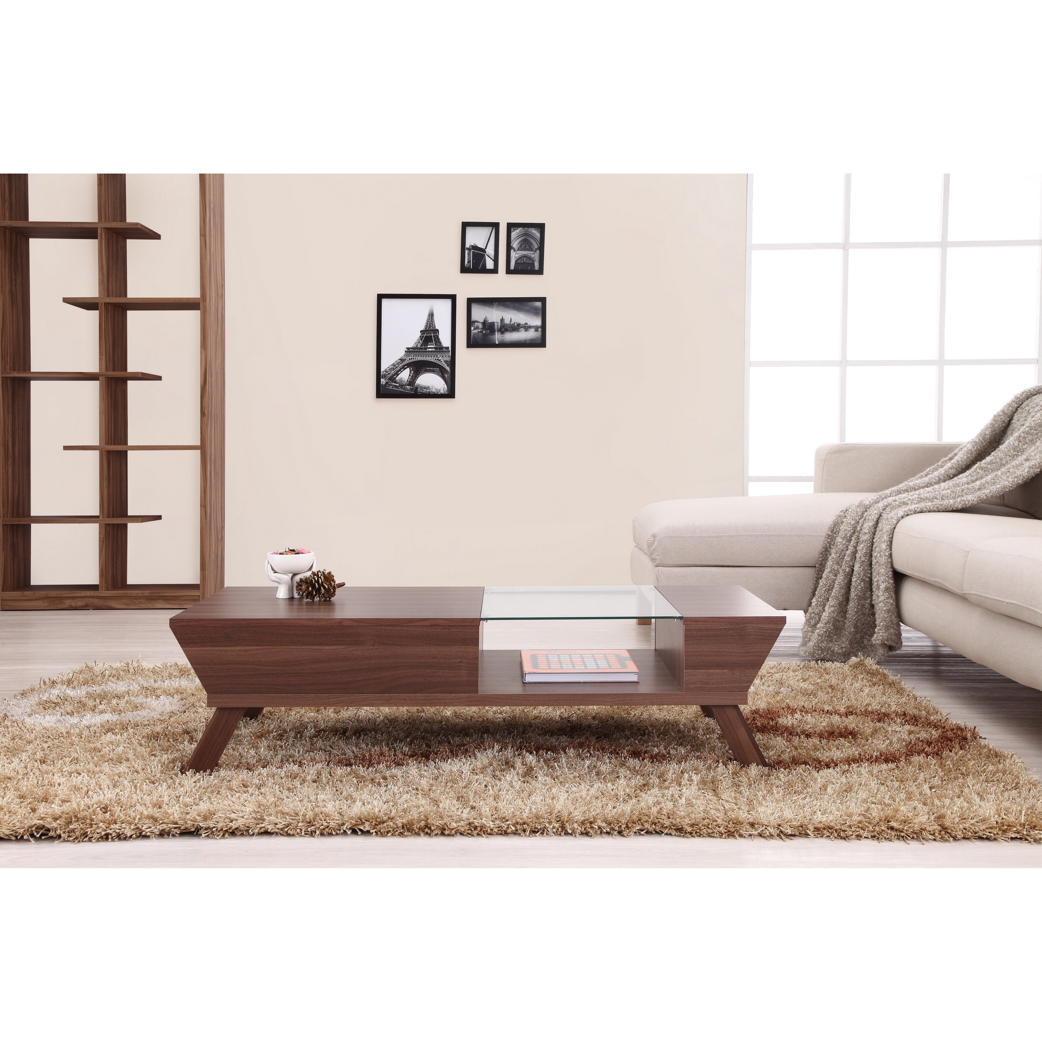 Walnut Wood and Glass Coffee Table with Storage, 47.3 inches