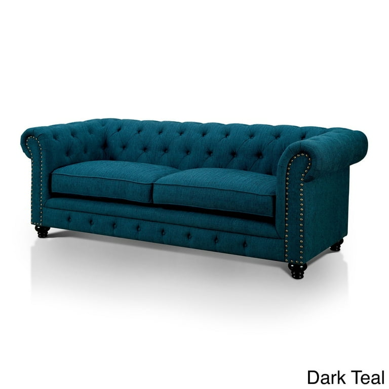 Furniture of America Mofi Transitional Fabric Upholstered Tufted Nailhead Trim Sofa by Dark Teal