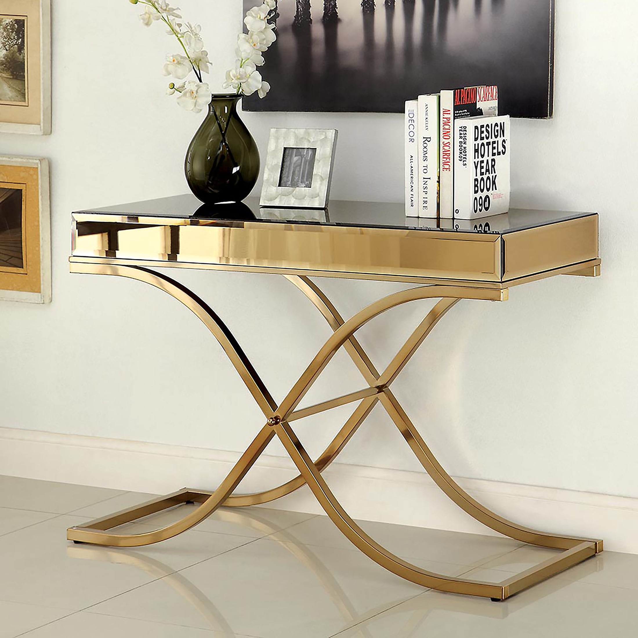 Furniture of America Monna Metal X-Cross Leg Console Table, Brass