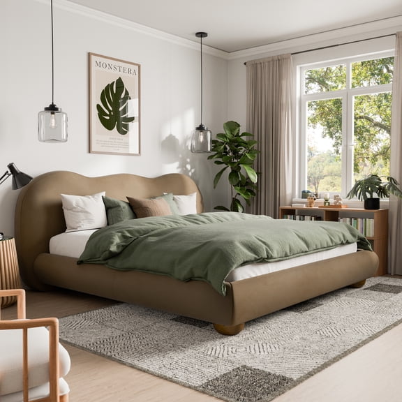 Furniture of America Morano Modern Velvet Queen Camel Headboard Platform Bed, Brown