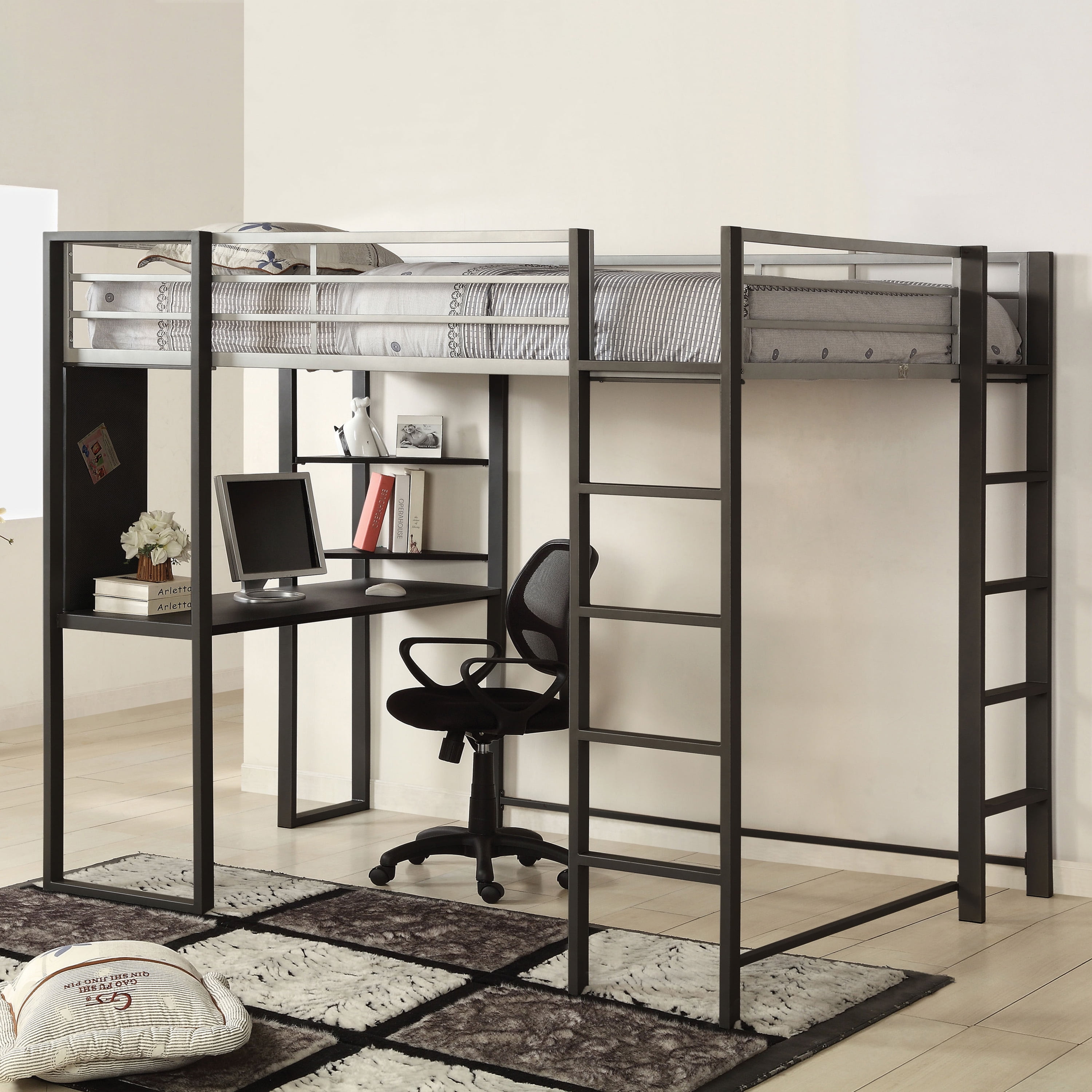 Furniture of America Mort Metal Silver and Gun Metal Full Loft Kids Bed with Workstation