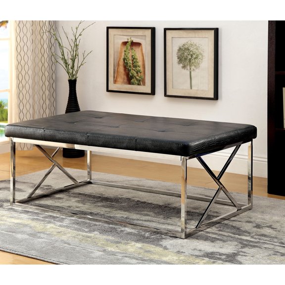 Furniture of America Motto Faux Leather Tufted Bench, Black