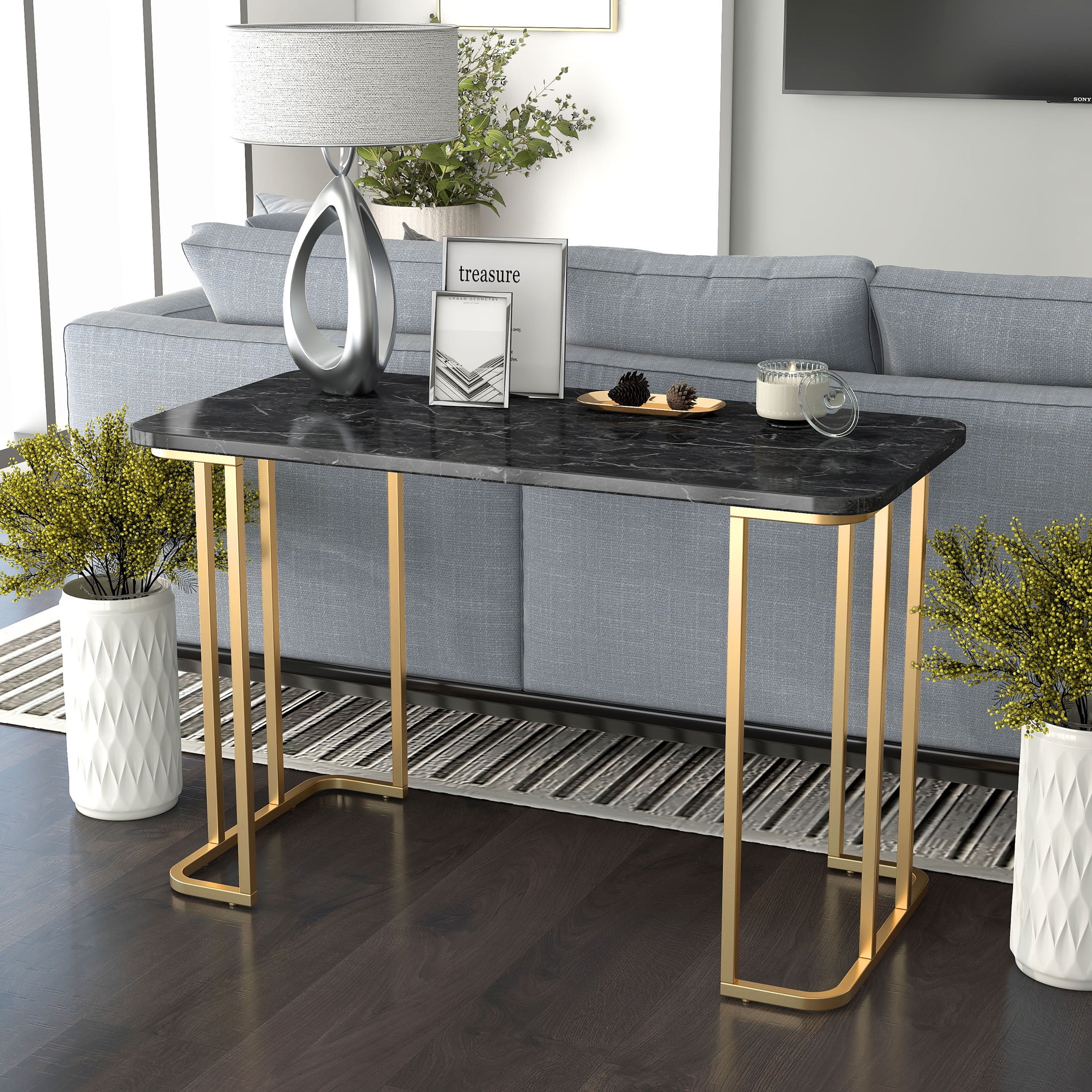 Furniture of America Musel Faux Marble Top Console Table, Black