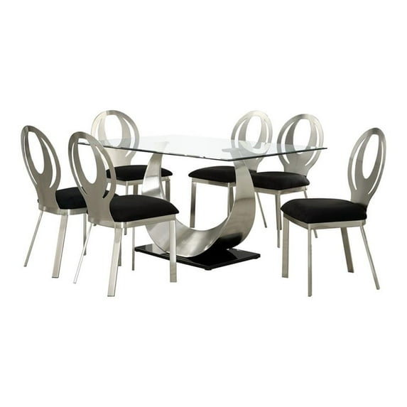 Furniture of America Myer Stainless Steel 7-Piece Dining Table Set in Silver
