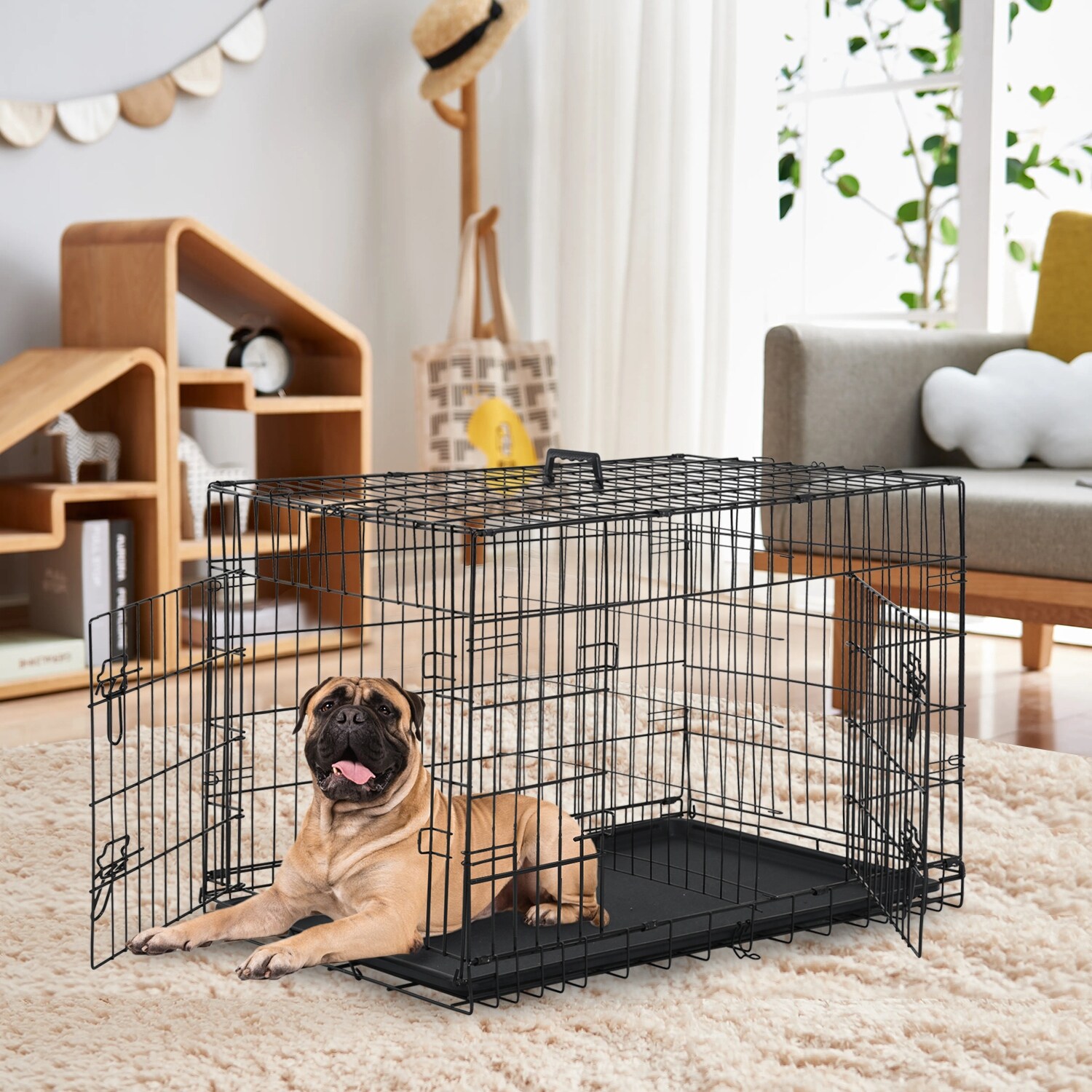 Furniture of America Mylo Metal Double Door Folding Wire Pet Crate with Divider by 36inch