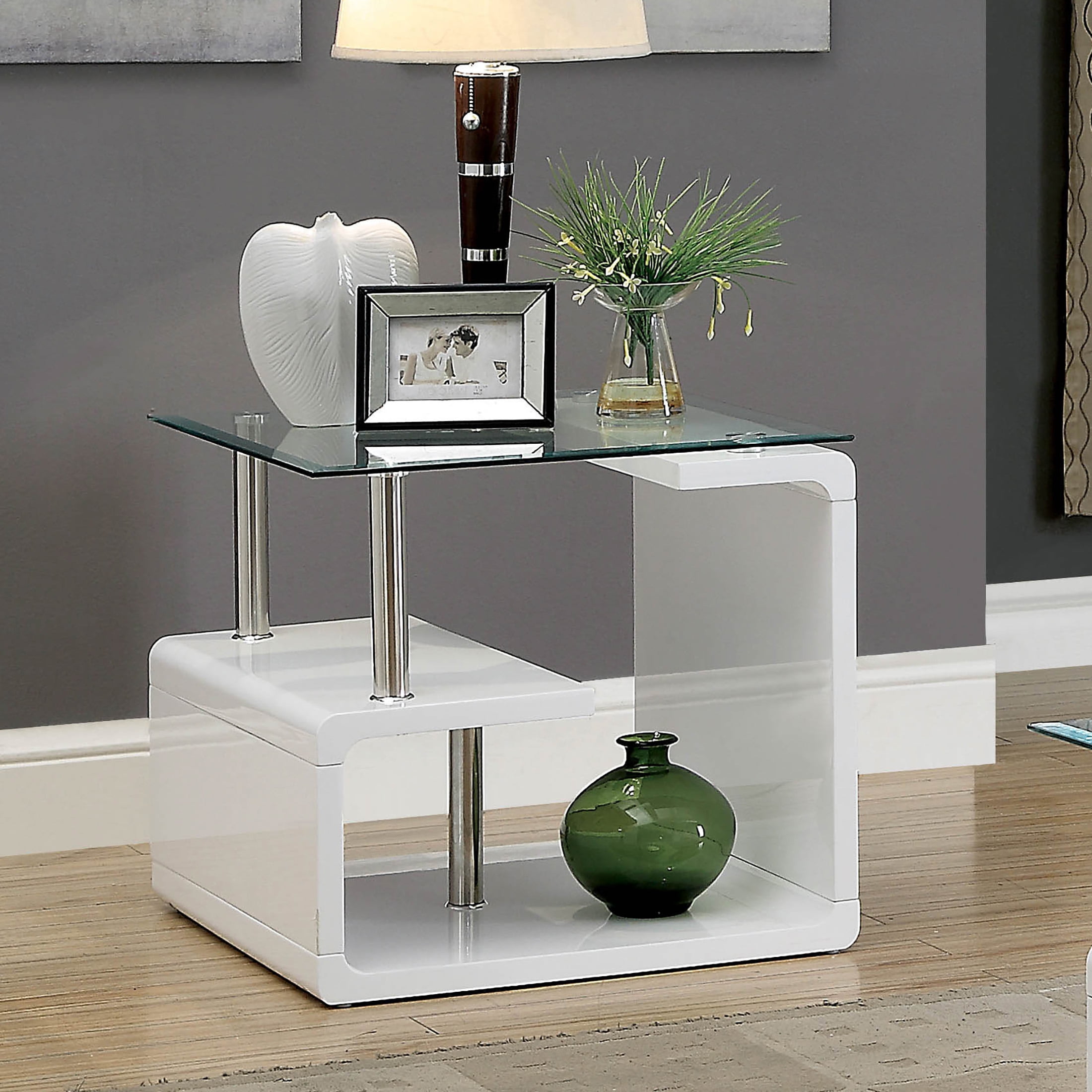 Furniture of America Neko Glass Top End Table, Glossy White