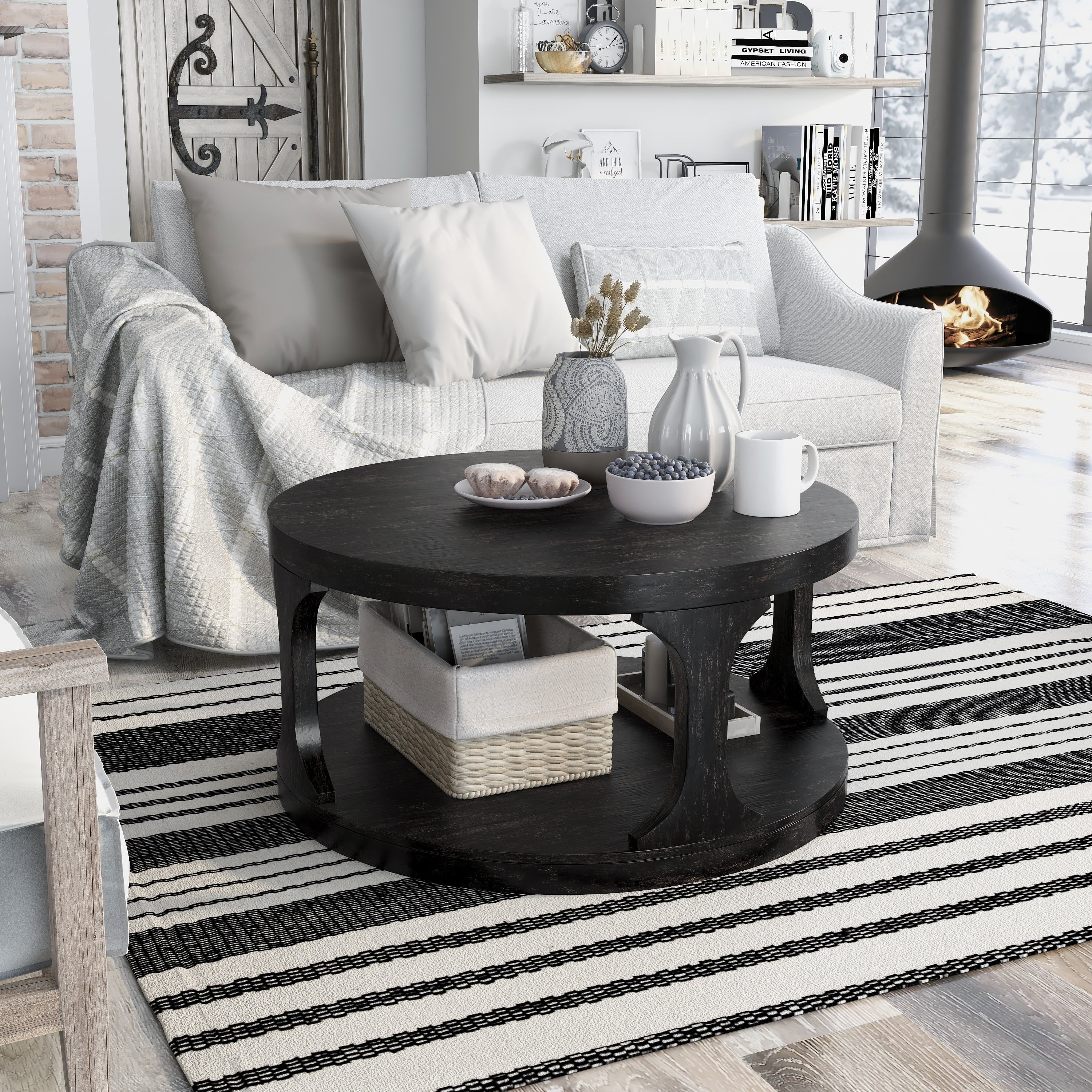 Antique Black Round Wood Coffee Table with Shelf