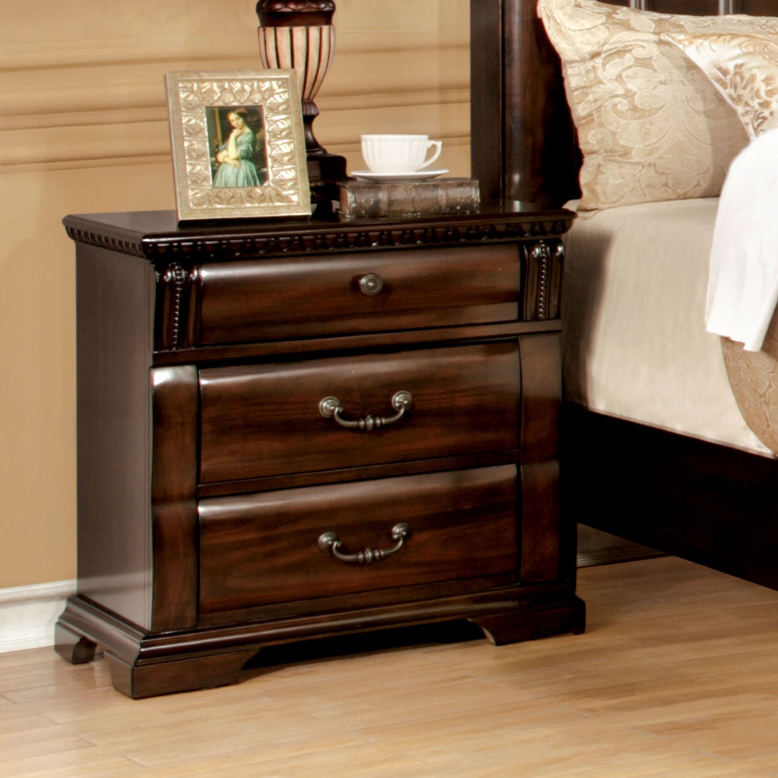 Furniture of America Nielene Transitional Nightstand with 3-Drawer, Cherry