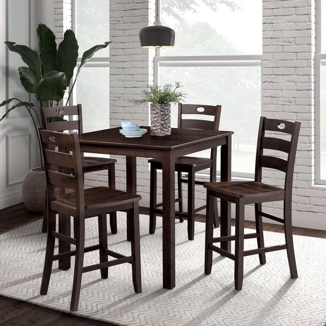 Furniture of America Nolan 5-Piece Solid Wood Counter Height Dining Table Set, Espresso
