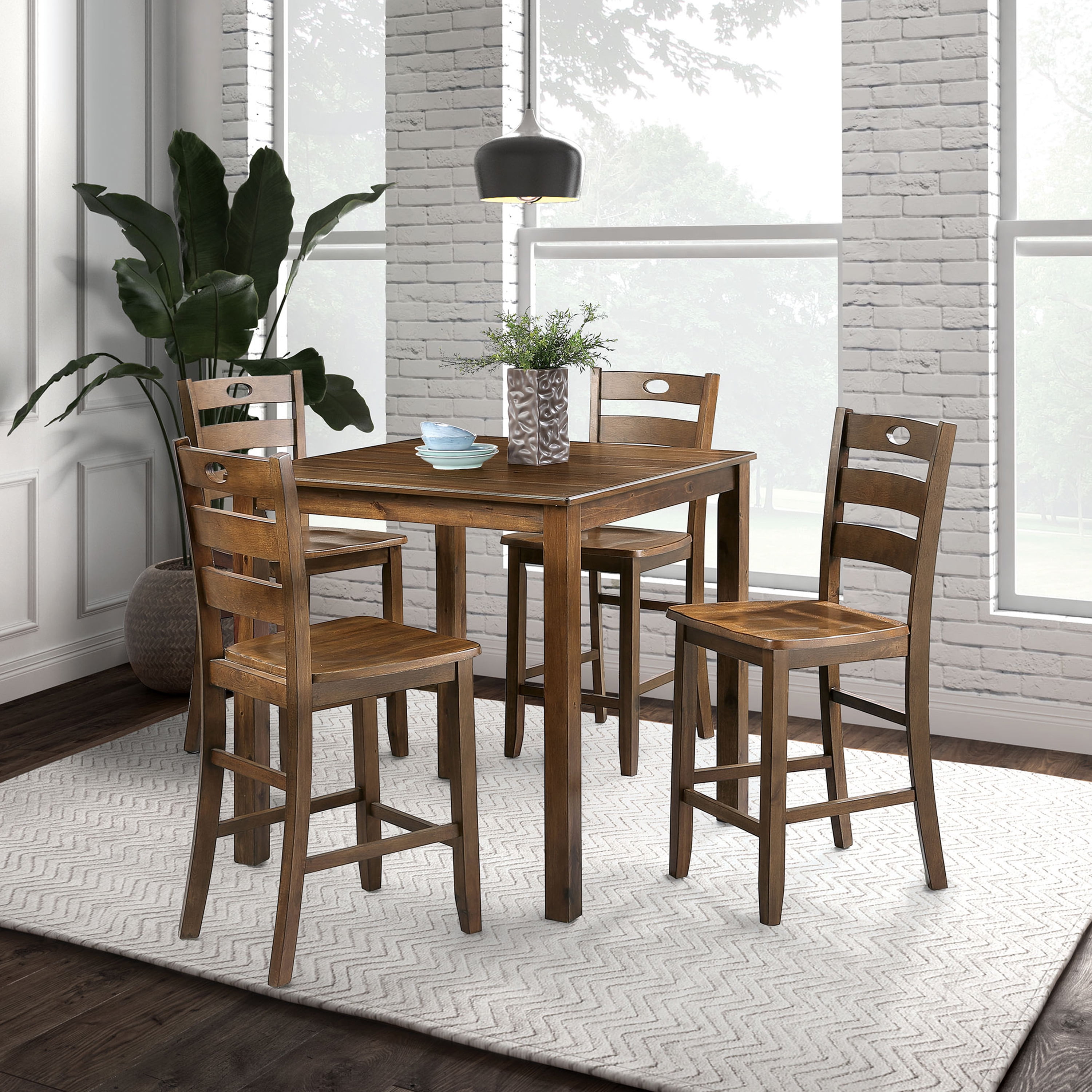 Walnut 5-Piece Square Counter Height Dining Set with Ladder-Back Chairs