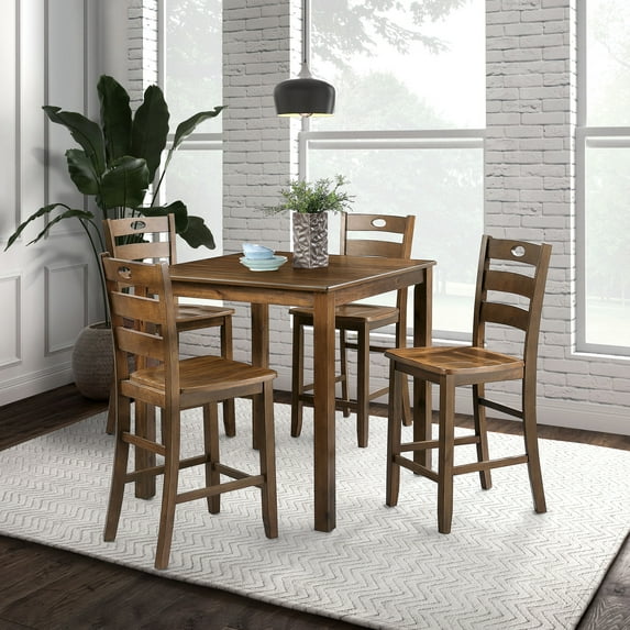 Furniture of America Nolan 5-Piece Solid Wood Counter Height Dining Table Set, Walnut