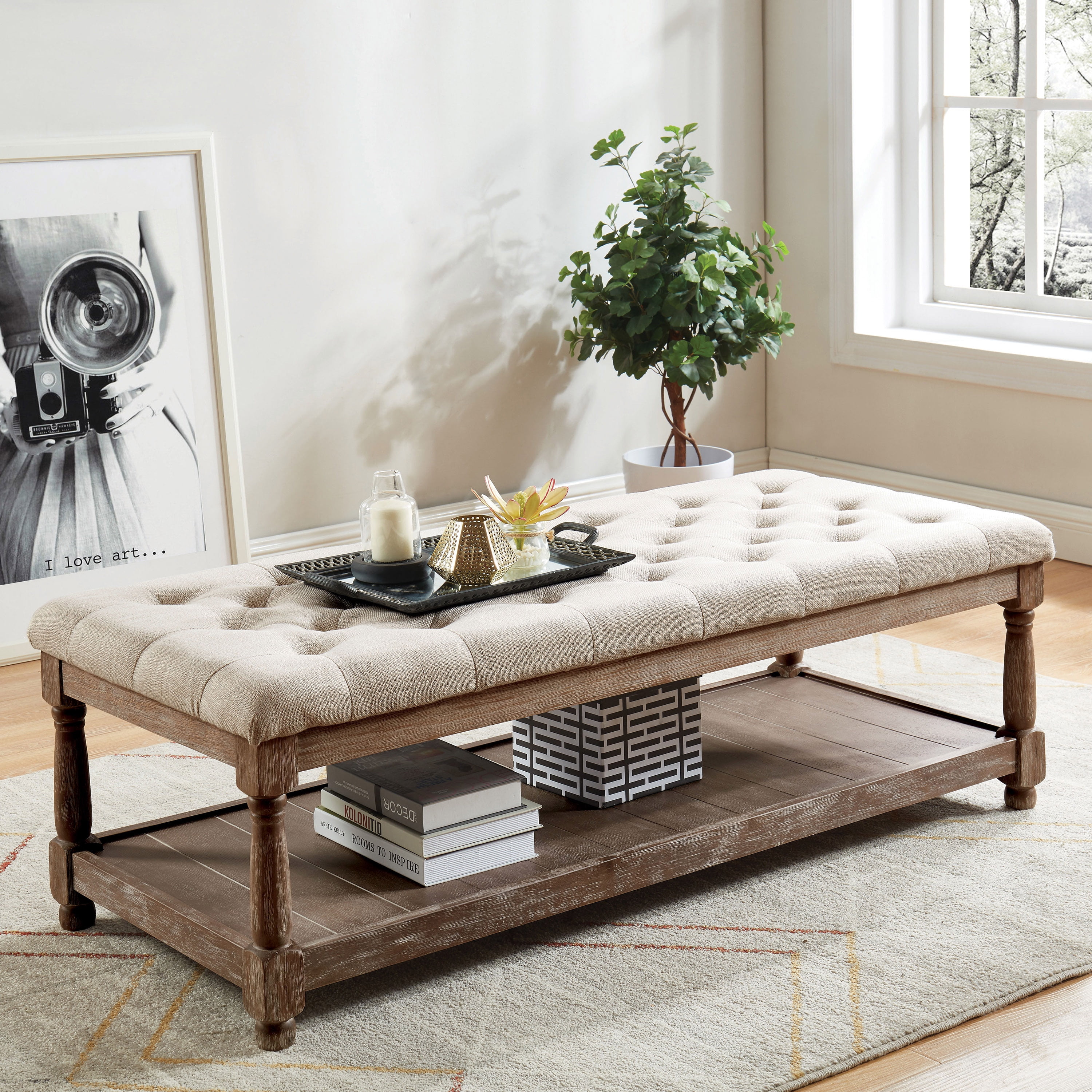 Furniture of America Nolling Wood and Tufted Beige Fabric Natural Tone Hallway Bench