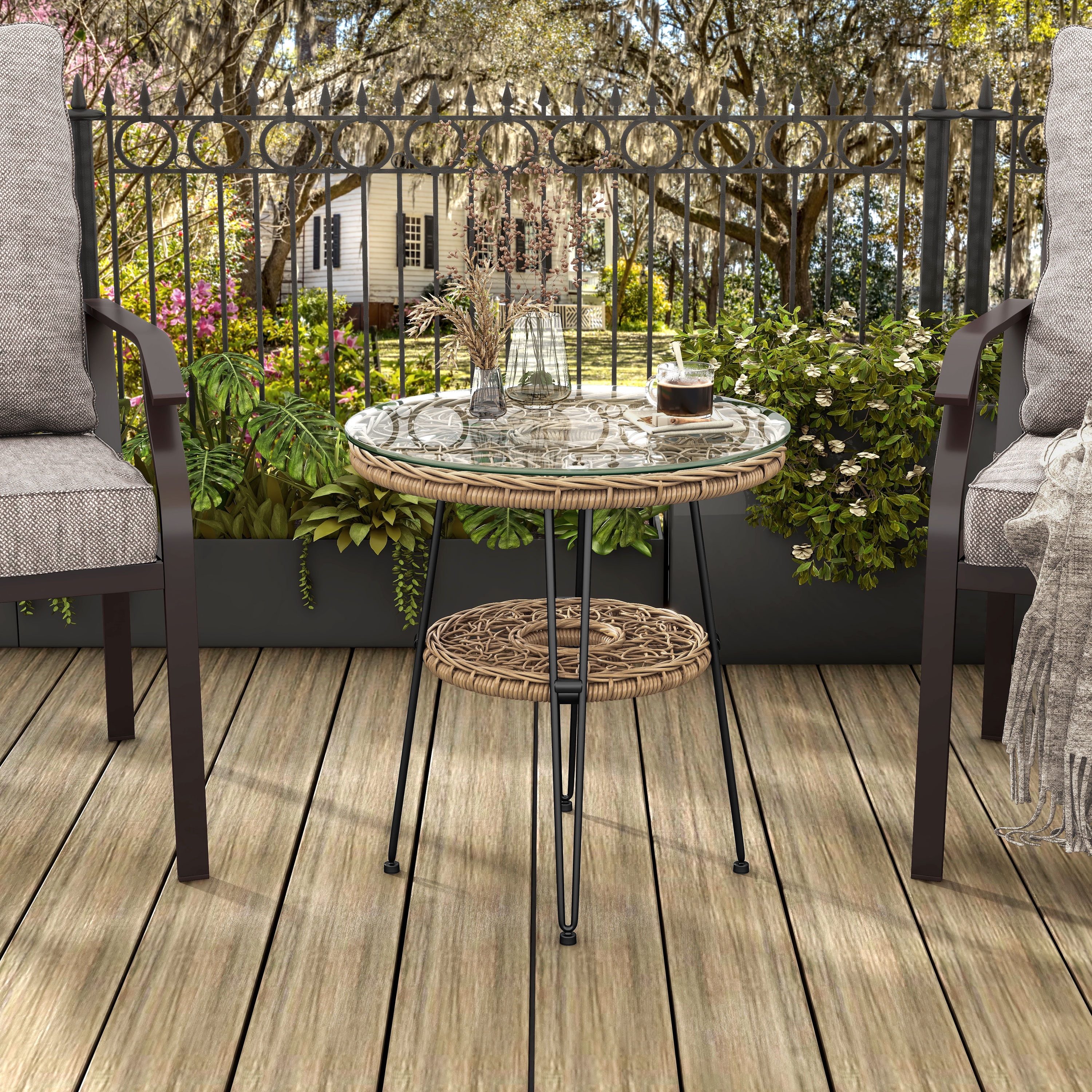 Tiny Natural Rattan and Glass Round Outdoor Side Table