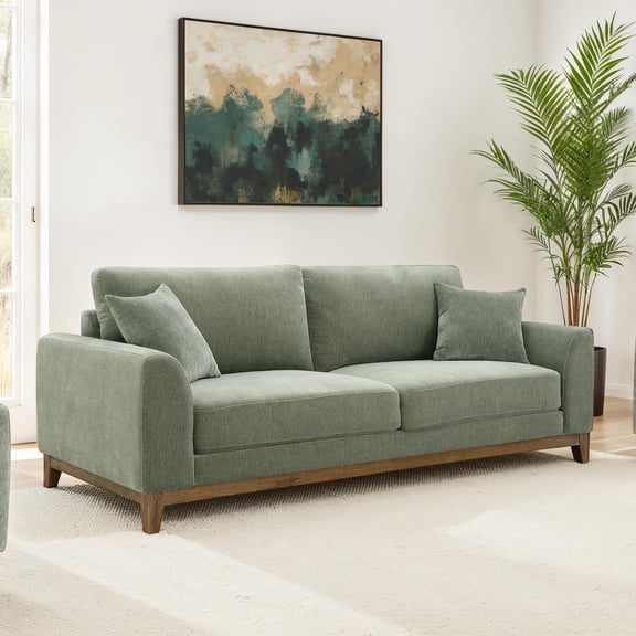 Furniture of America Nora Mid-Century Modern Chenille Track Arm Sofa with Pillows, Olive Green