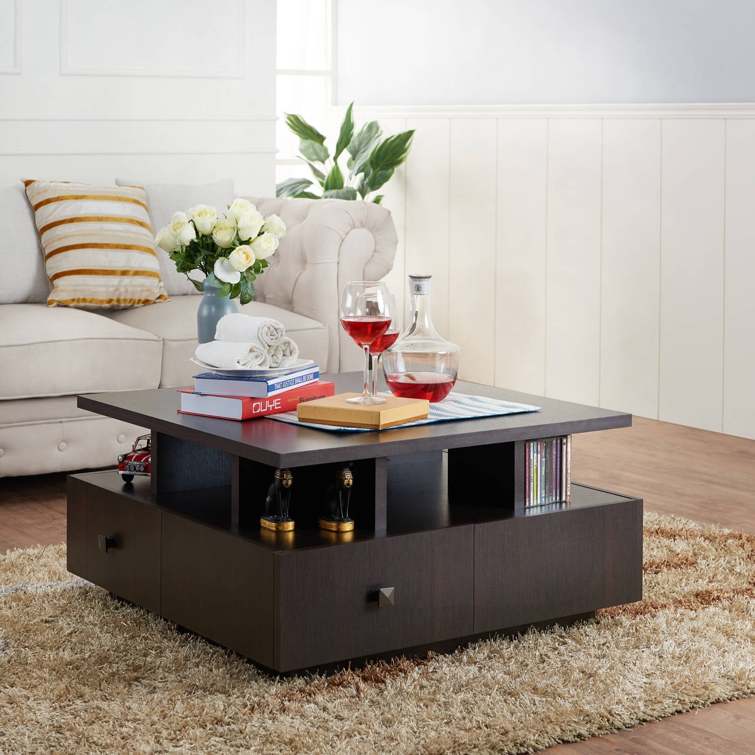 Furniture of America Medrum 36 in. Antique Black Square Solid Wood Coffee Table with Storage