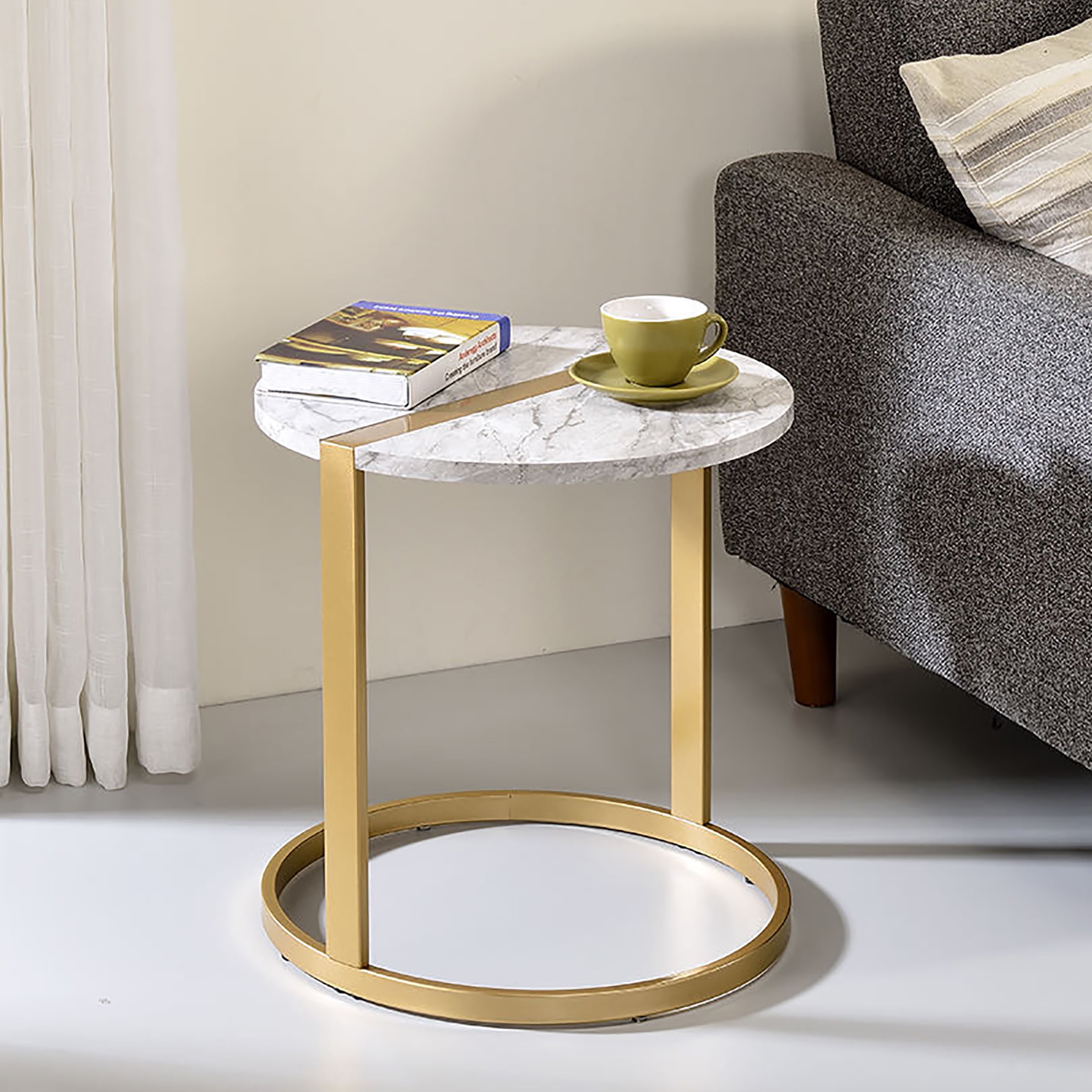 Furniture of America Omnia Faux Marble Top Side Table, White