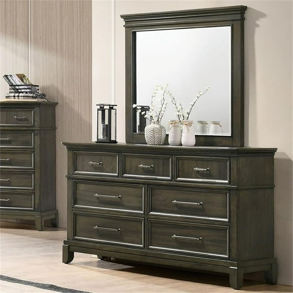 Furniture of America Parro Wood 7-Drawer Dresser with Mirror in Gray