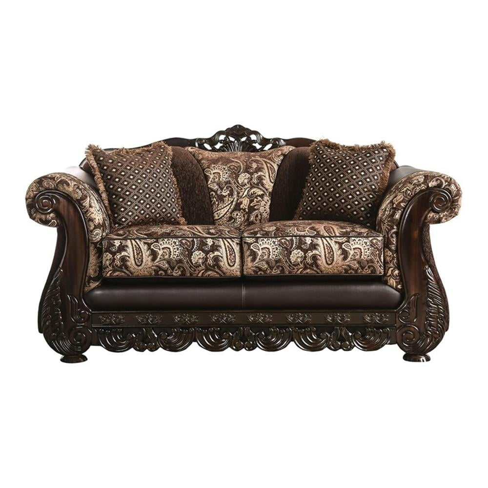Traditional Brown Faux Leather Loveseat with Carved Wood Trim
