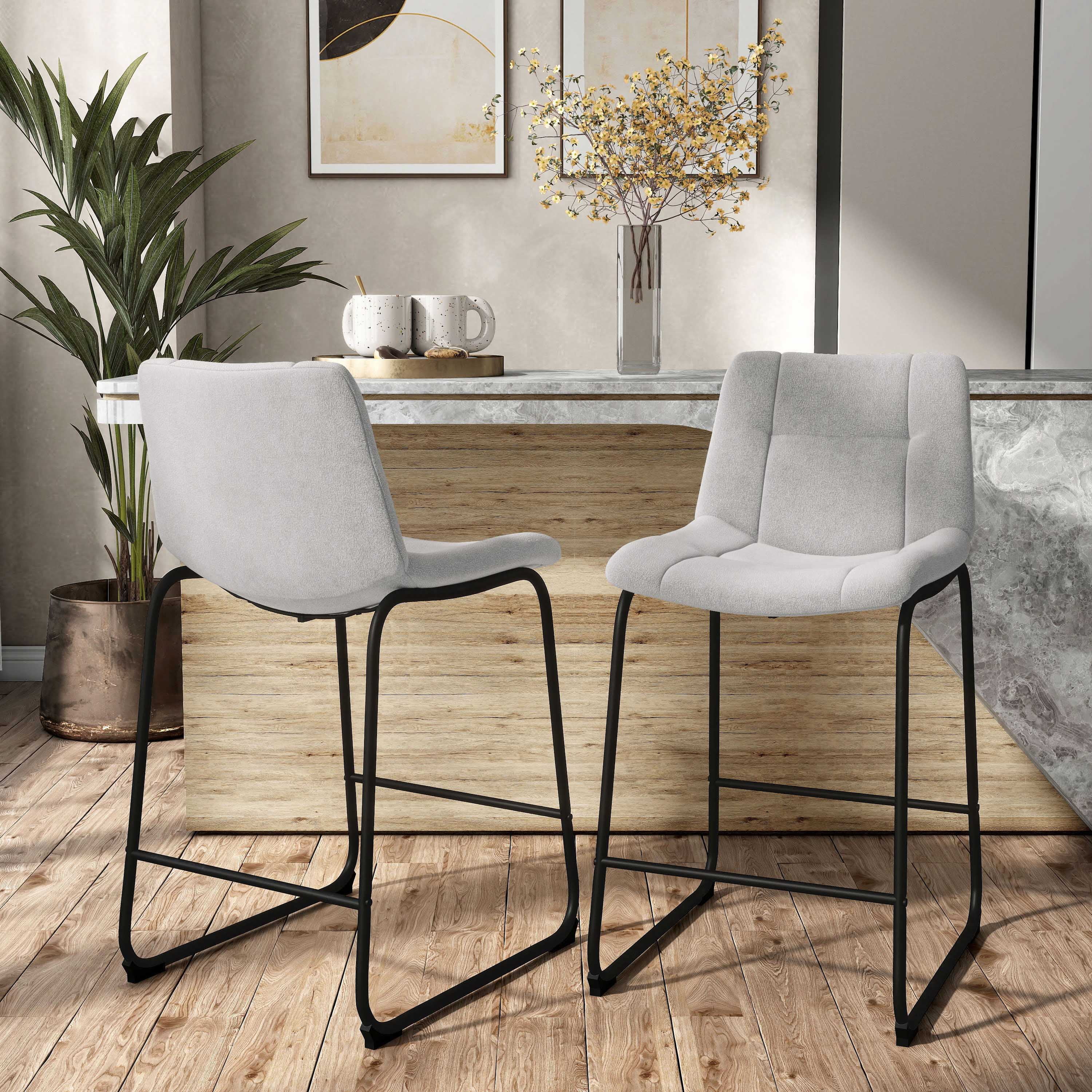 Light Grey Chenille Upholstered Counter Height Bar Stools with Metal Frame, Set of 2
