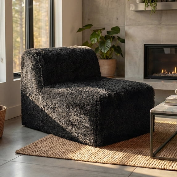 Furniture of America Pom Modern Faux Fur Modular Compressed Armless Chair, Black