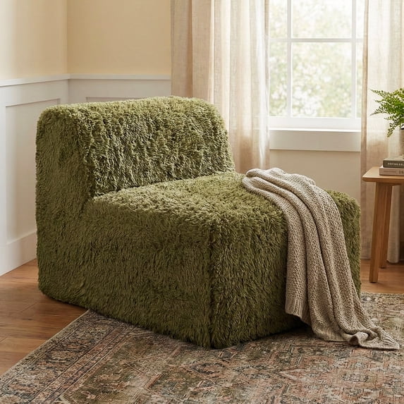 Furniture of America Pom Modern Faux Fur Modular Compressed Armless Chair, Olive Green