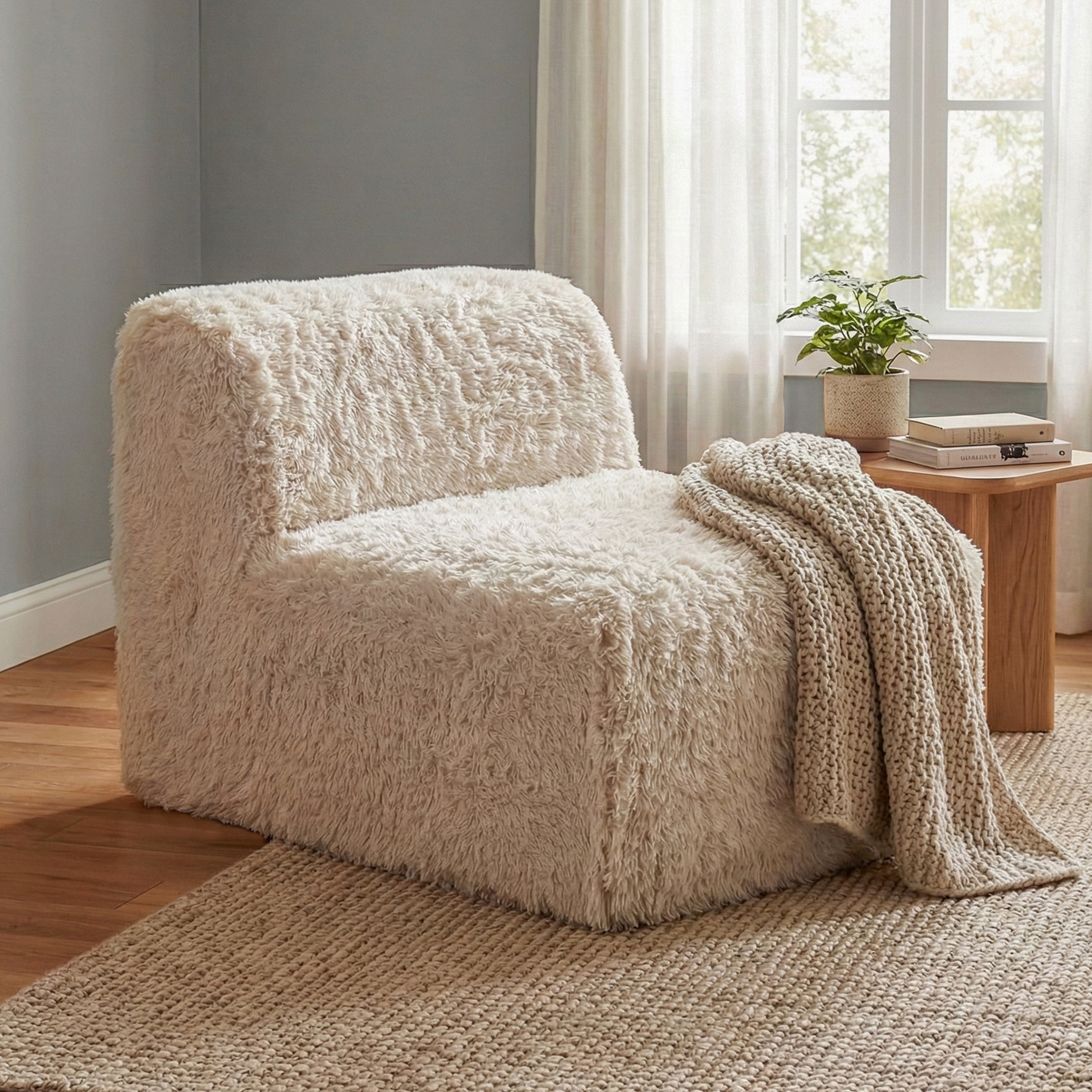 Furniture of America Pom Modern Faux Fur Modular Compressed Armless Chair, Sand Beige