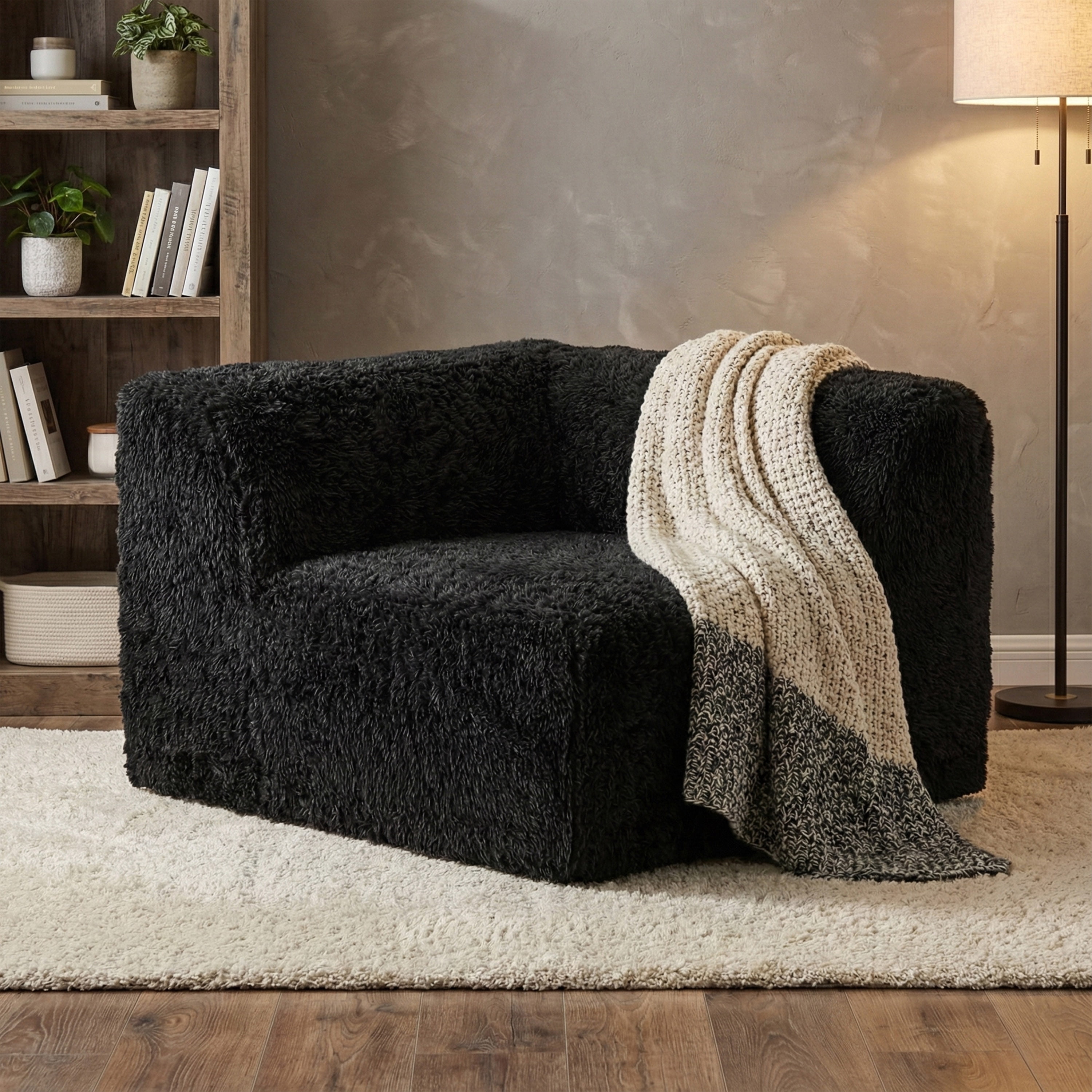 Furniture of America Pom Modern Faux Fur Modular Compressed Corner Chair, Black