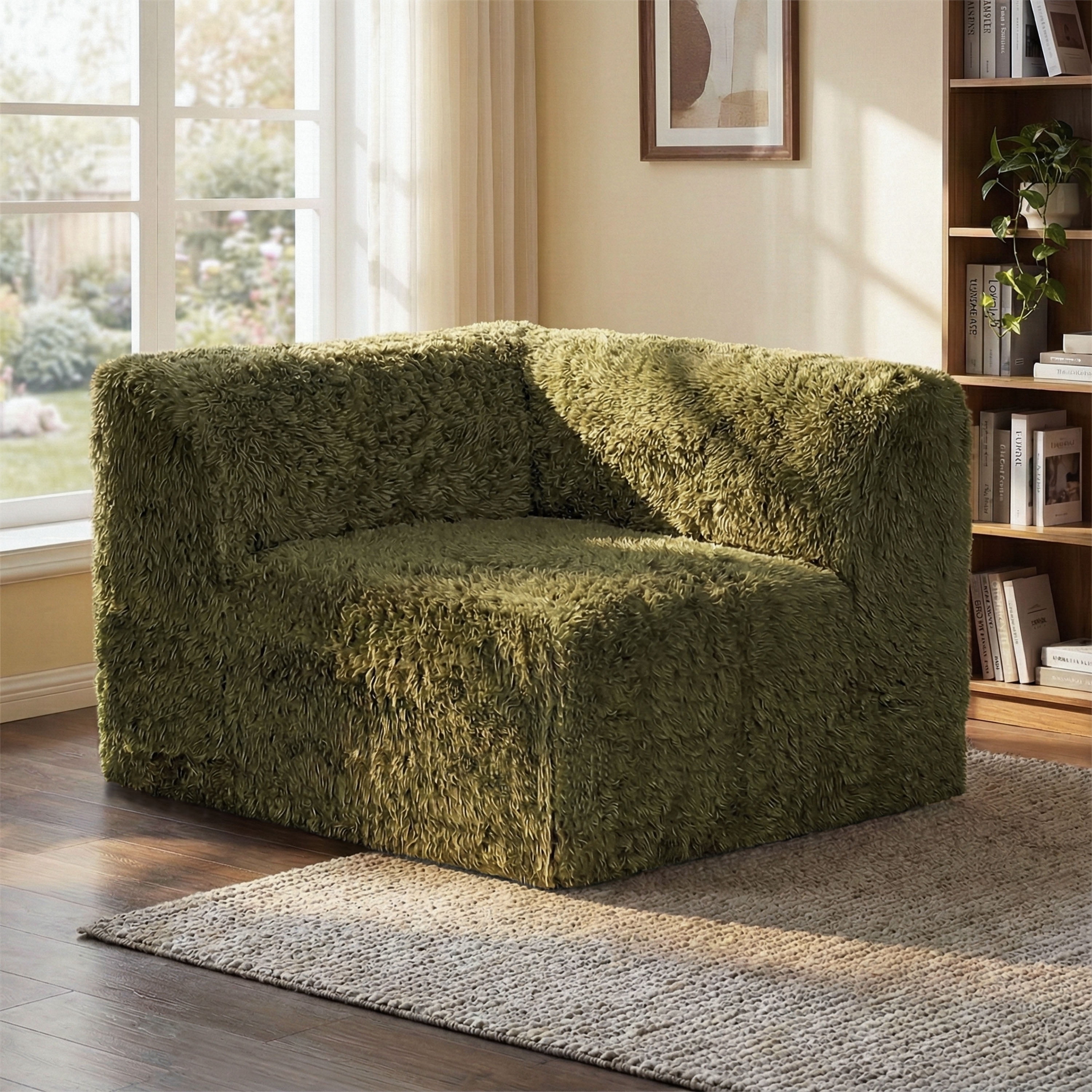 Furniture of America Pom Modern Faux Fur Modular Compressed Corner Chair, Olive Green