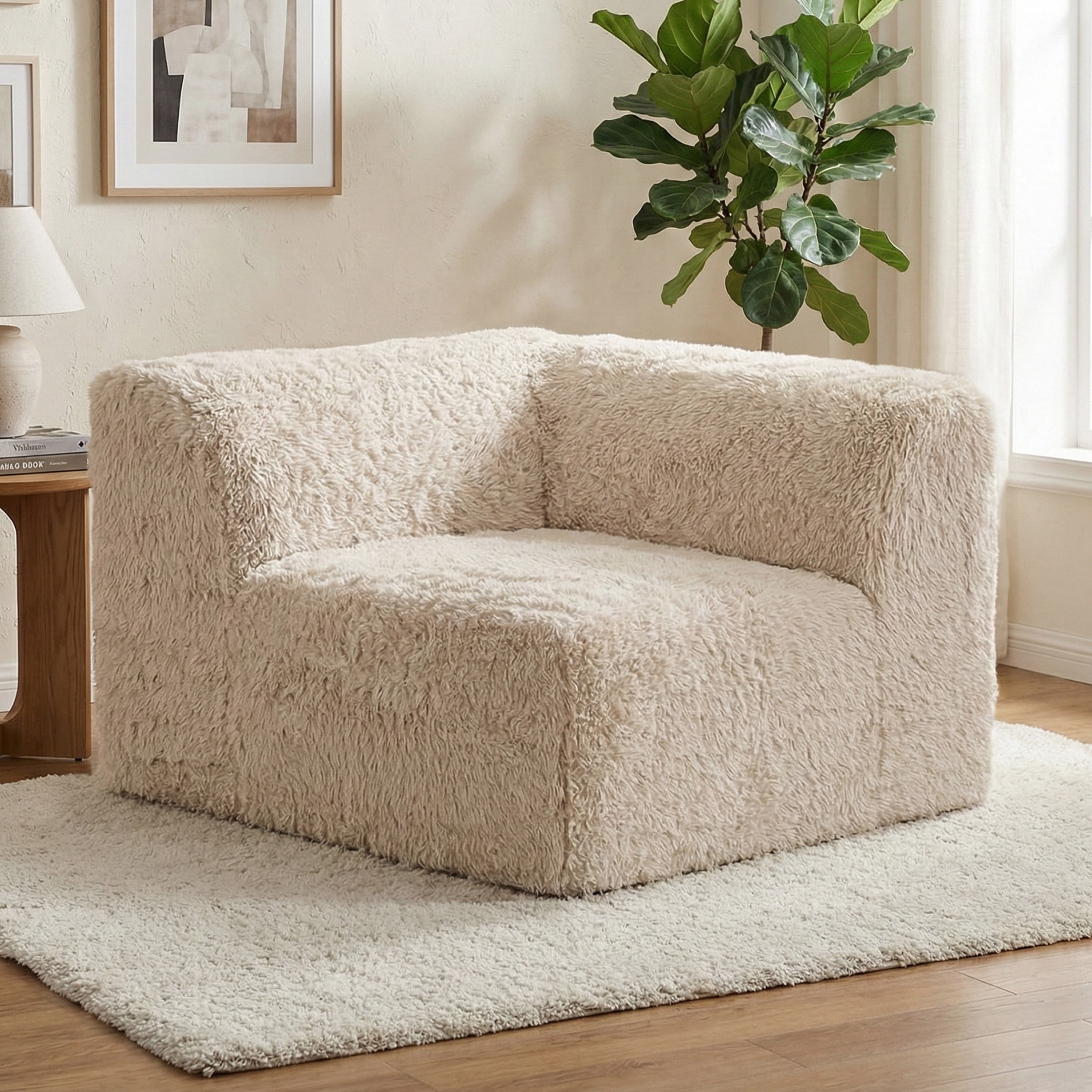 Furniture of America Pom Modern Faux Fur Modular Compressed Corner Chair, Sand Beige