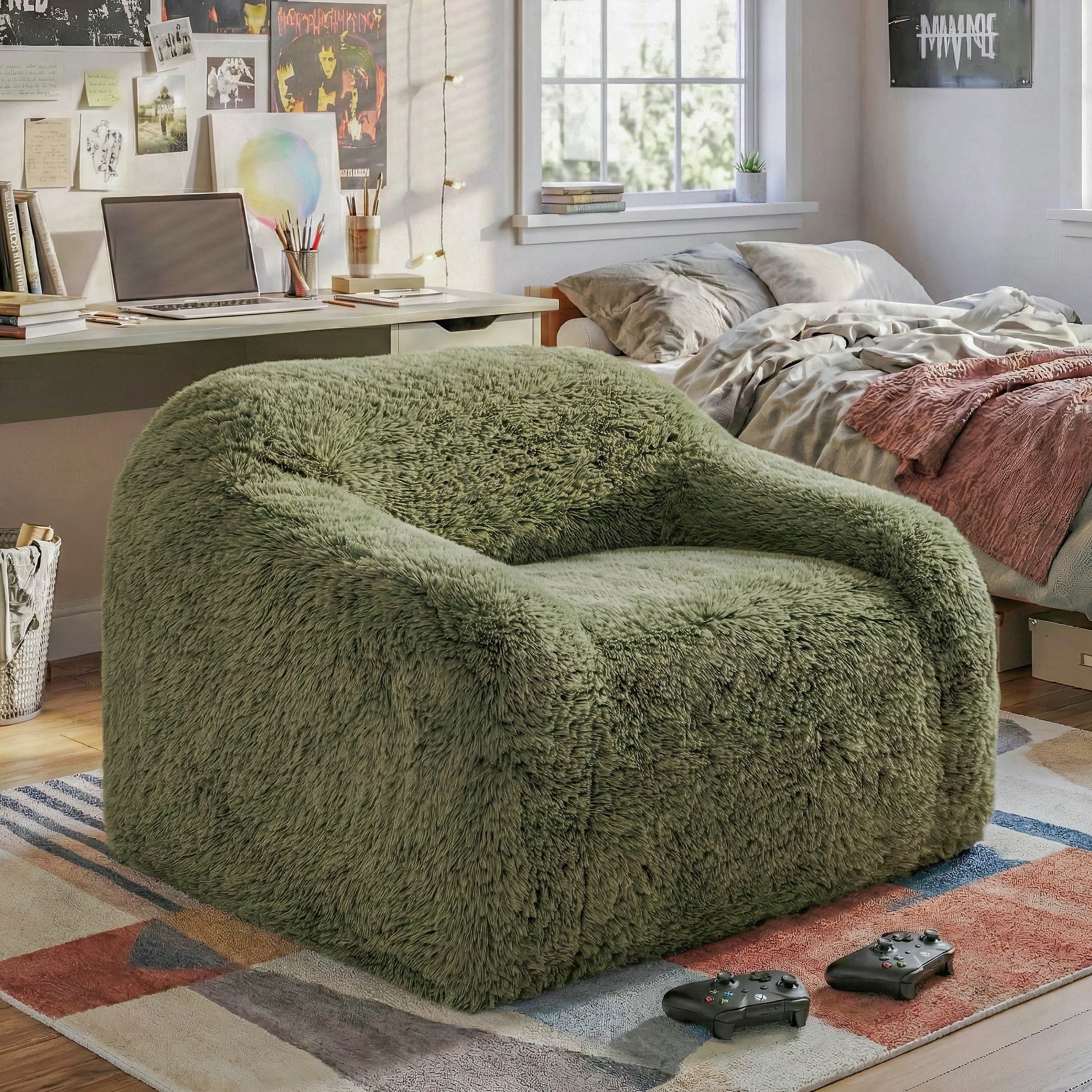 Furniture of America Pommy Modern Faux Fur Compressed Arm Chair, Sage Green