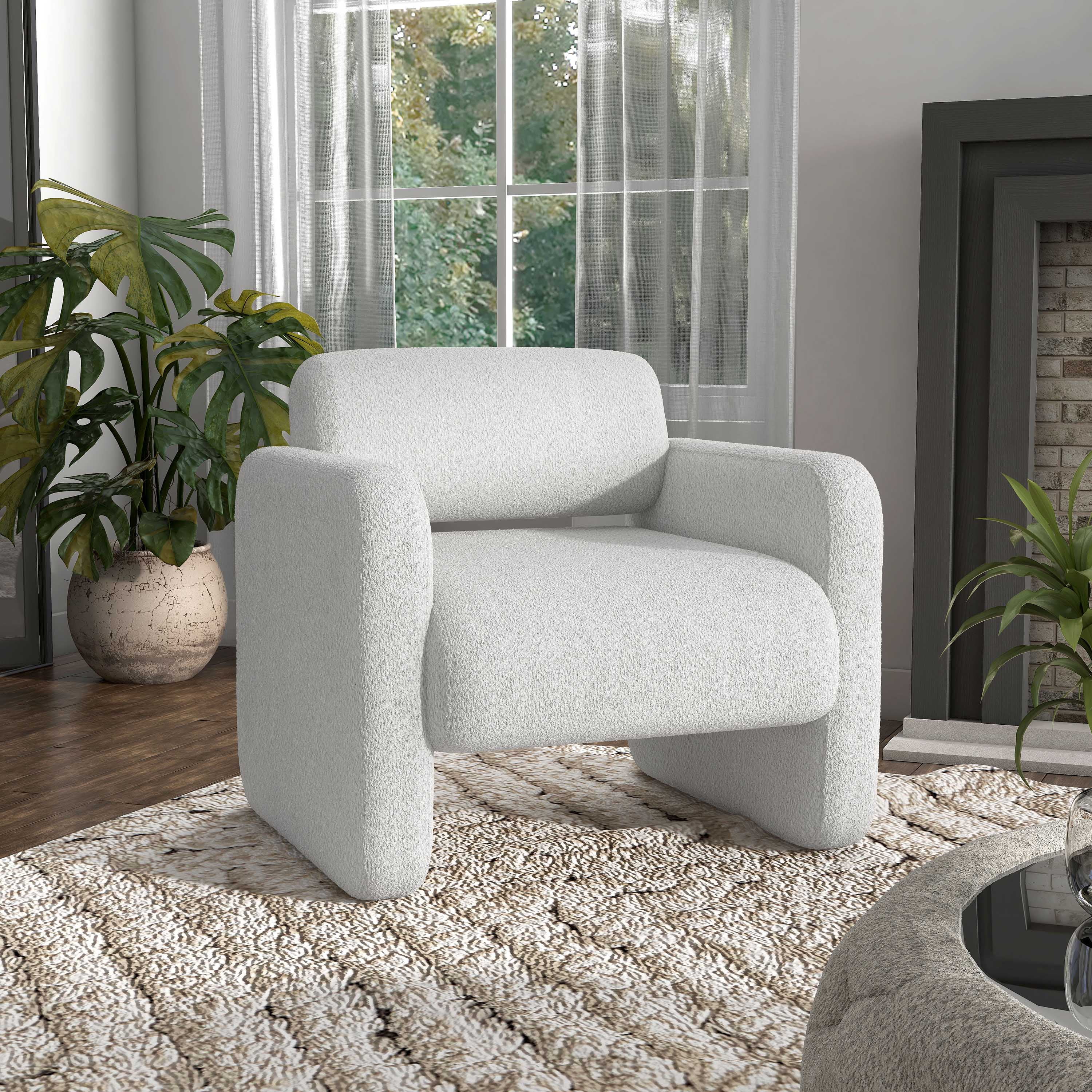White Boucle Upholstered Barrel Accent Chair with Wood Frame