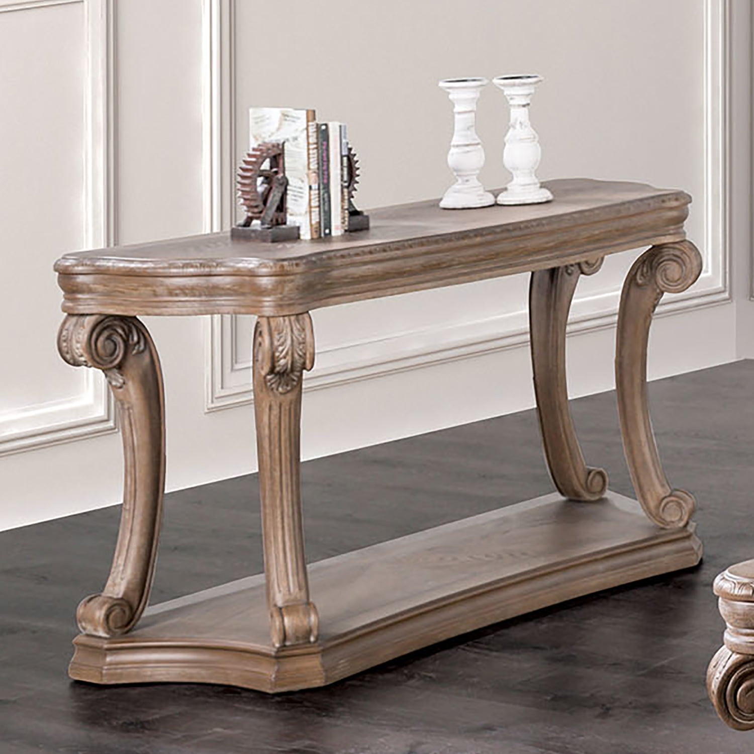 Weathered Oak Traditional 54-inch Solid Wood Sofa Table with Bottom Shelf