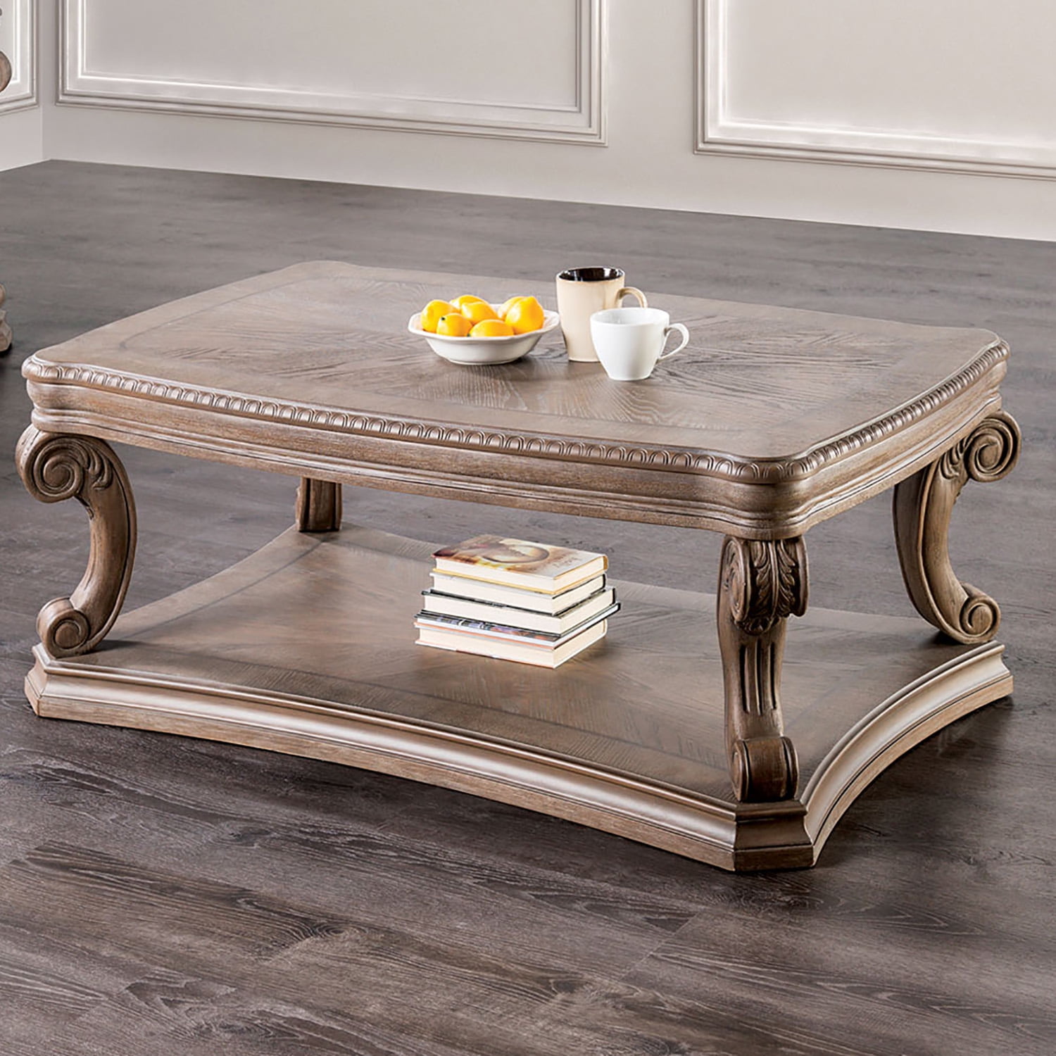 Furniture of America Protude Traditional Solid Wood 52-inch Coffee Table with Bottom Shelf, Weathered Oak