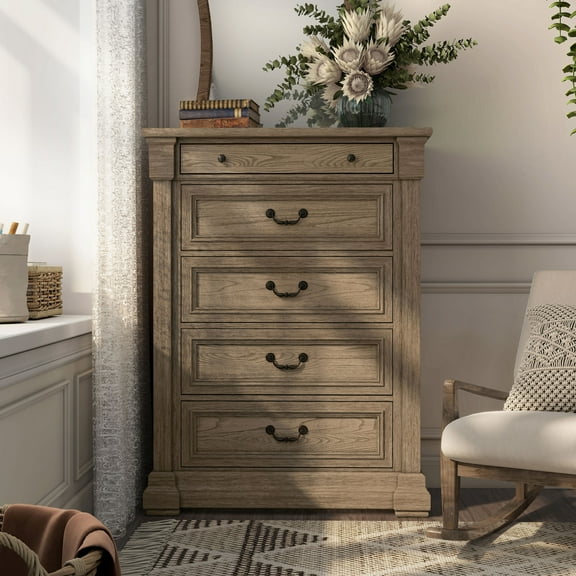 Furniture of America Quenai Modern 5-Drawer Solid Wood Adult Vertical Dresser, Weathered Gray