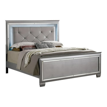 Furniture of America Rachel Faux Leather Queen LED Panel Bed in Silver