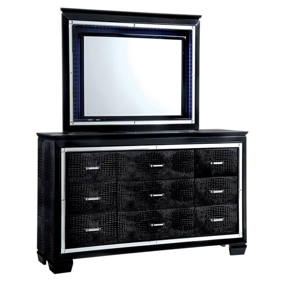 Furniture of America Rachel Wood 9-Drawer LED Dresser and Mirror in Black