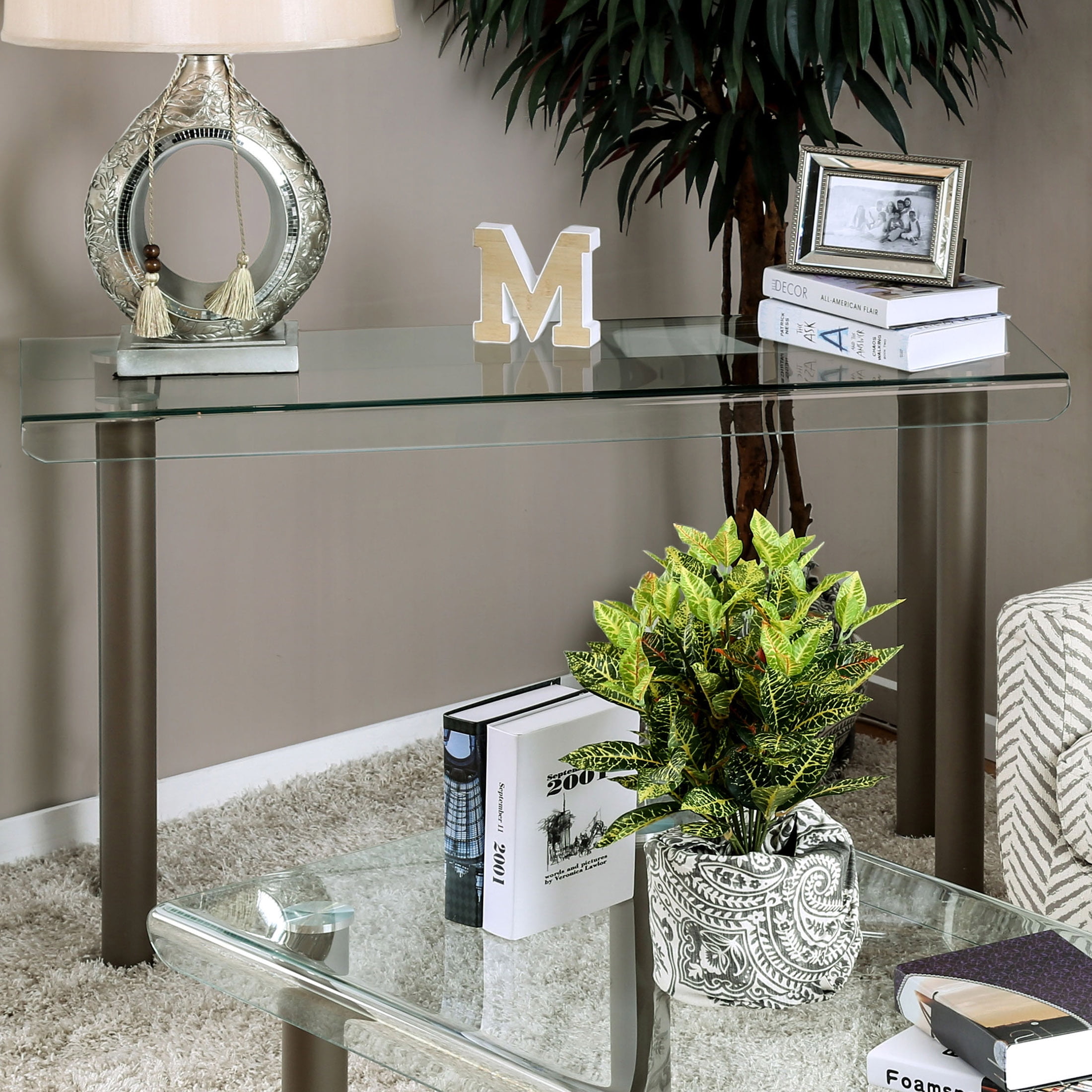 Furniture of America Ramey Glass Top Sofa Table, Champagne