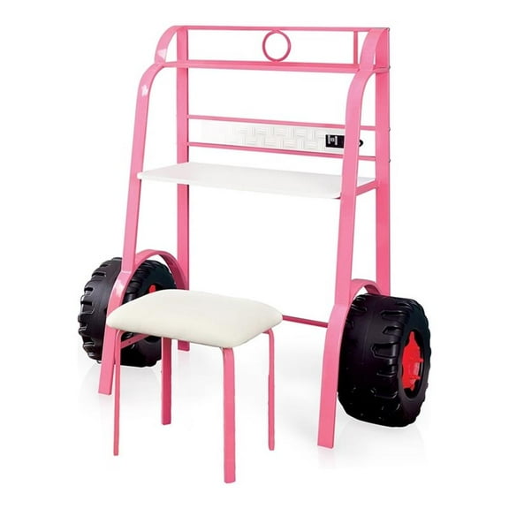 Furniture of America Ramirez Traditional Metal Desk with Stool in Pink