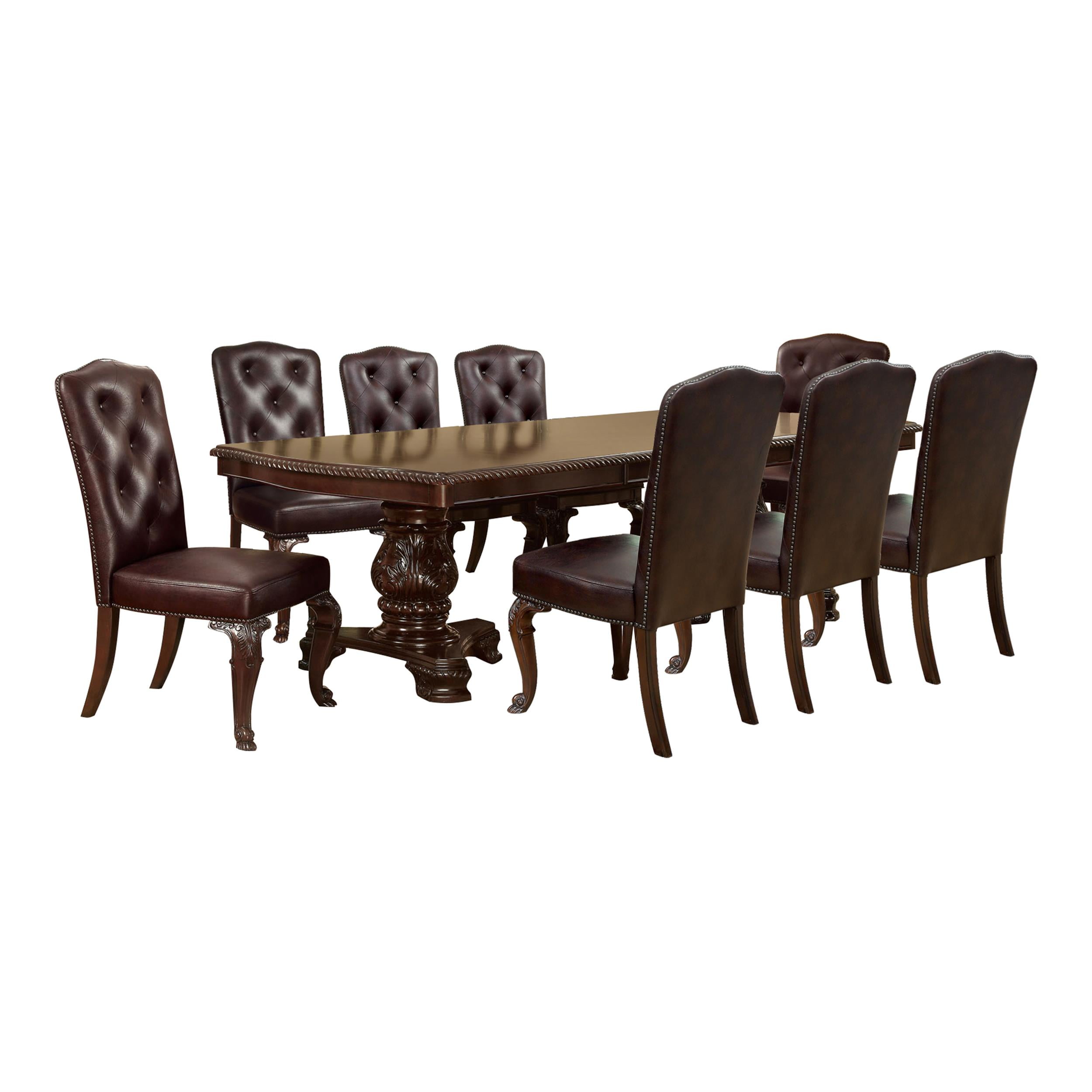 Cherry Wood Traditional Dining Set with Black Faux Leather Chairs