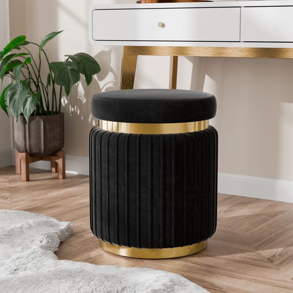 Furniture of America Rigi Modern 15" Upholstered Round Stool, Black and Gold