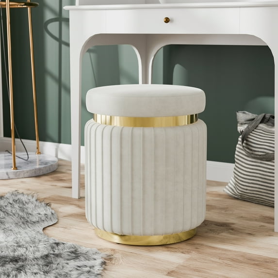 Furniture of America Rigi Modern 15" Upholstered Round Stool, White and Gold