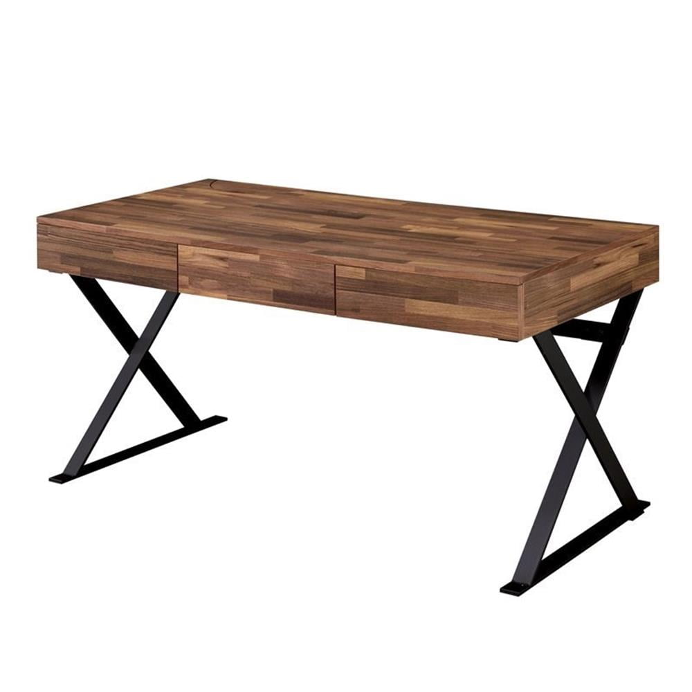 Industrial Oak and Black Writing Desk with USB and Power Outlets