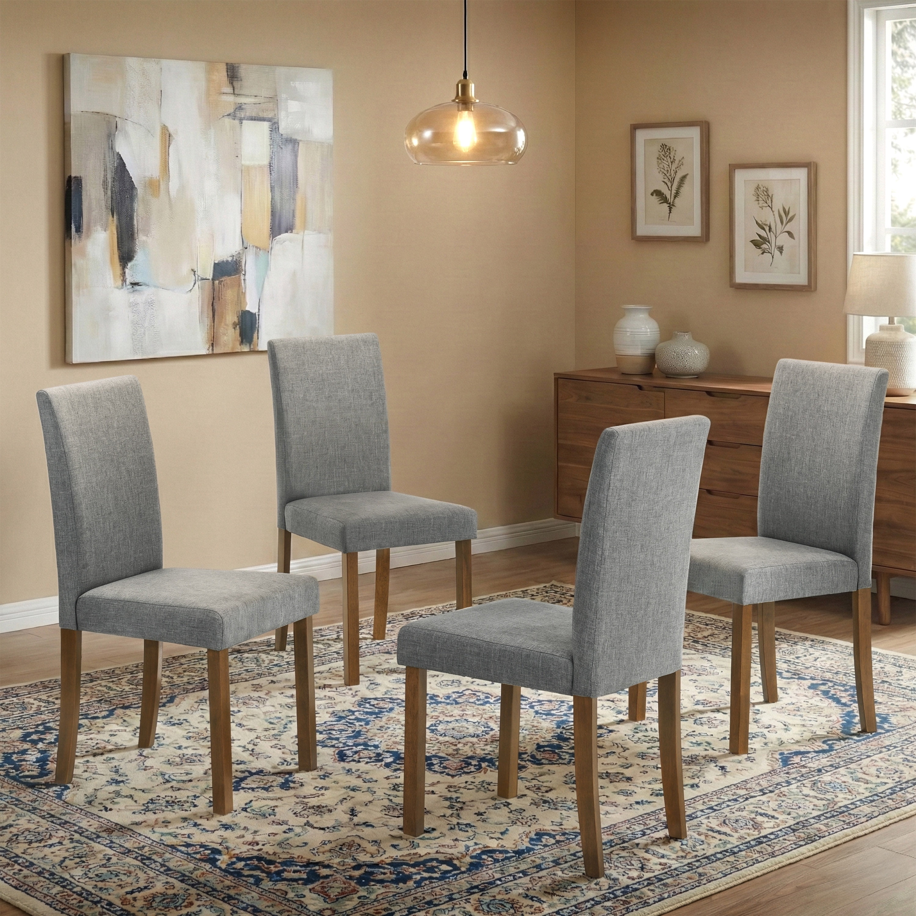 Furniture of America Risso Modern Fabric Upholstered High Back Dining Side Chairs, Medium Oak (Set of 4)