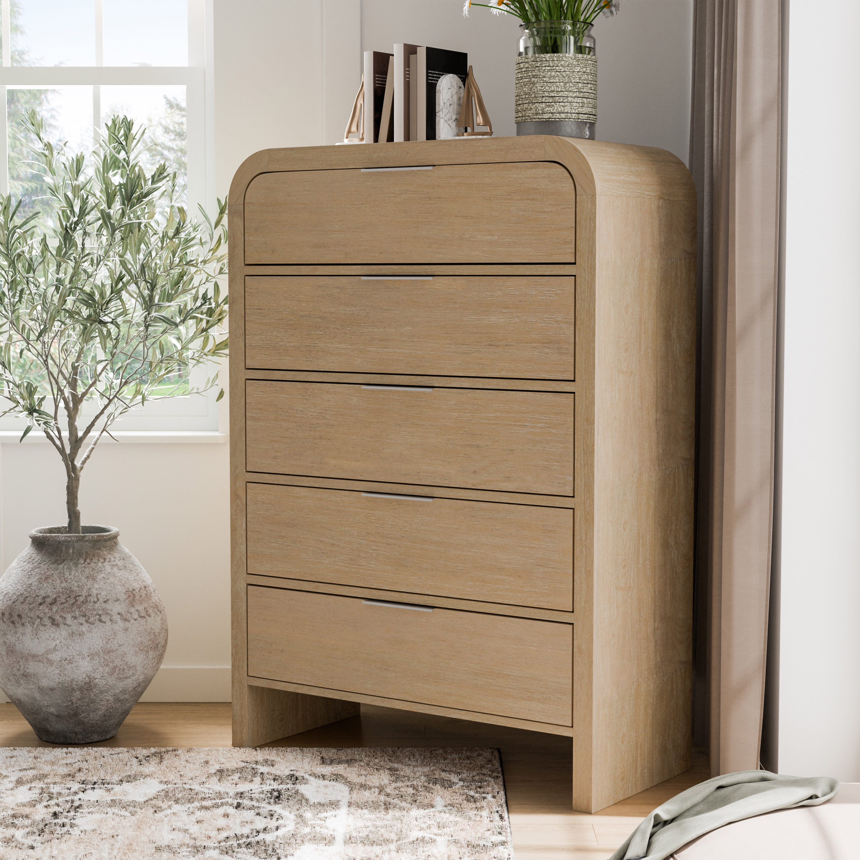 Furniture of America Riven Adult Arched Solid Wood 5-Drawer Vertical Dresser, Natural