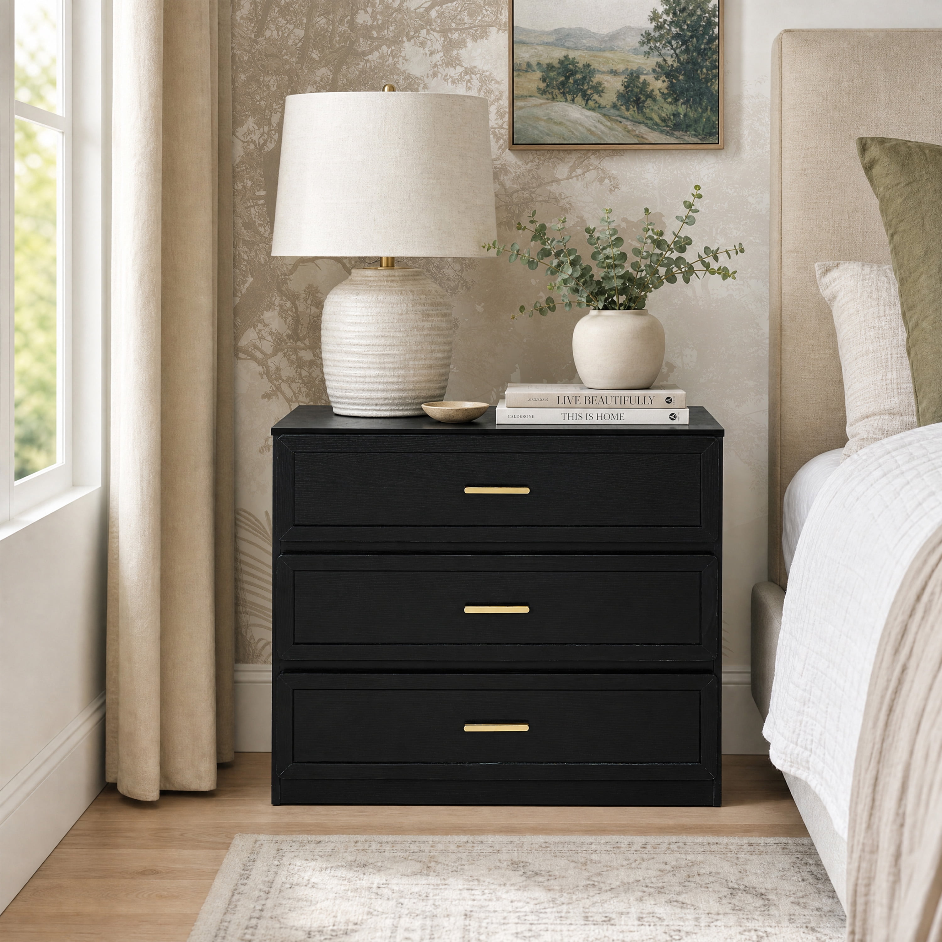 Furniture of America Rivor Modern Wood 3-Drawer Tall Nightstand, Black