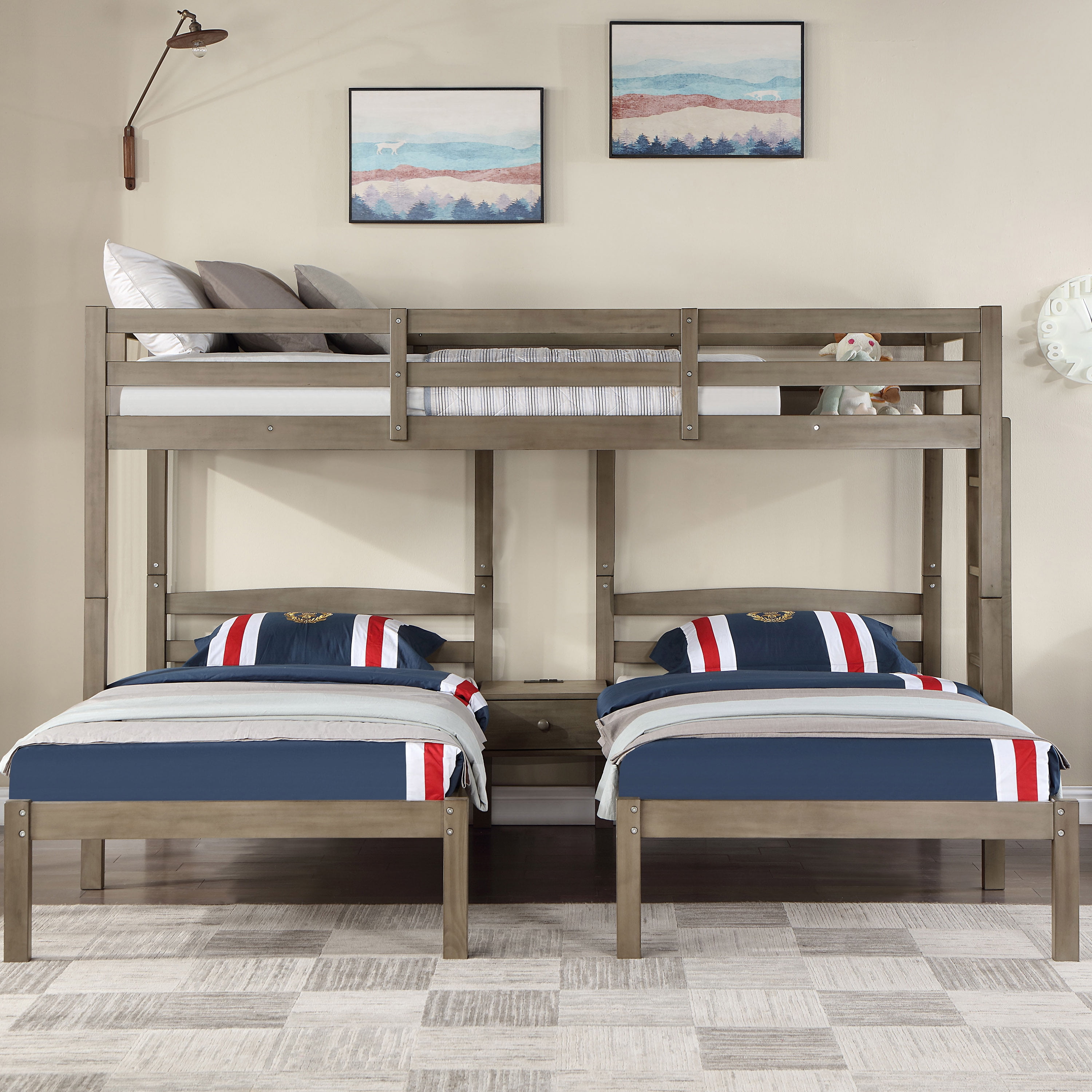 Furniture of America Roligt Kids Triple Twin Wood Bunk Bed with USB, Gray