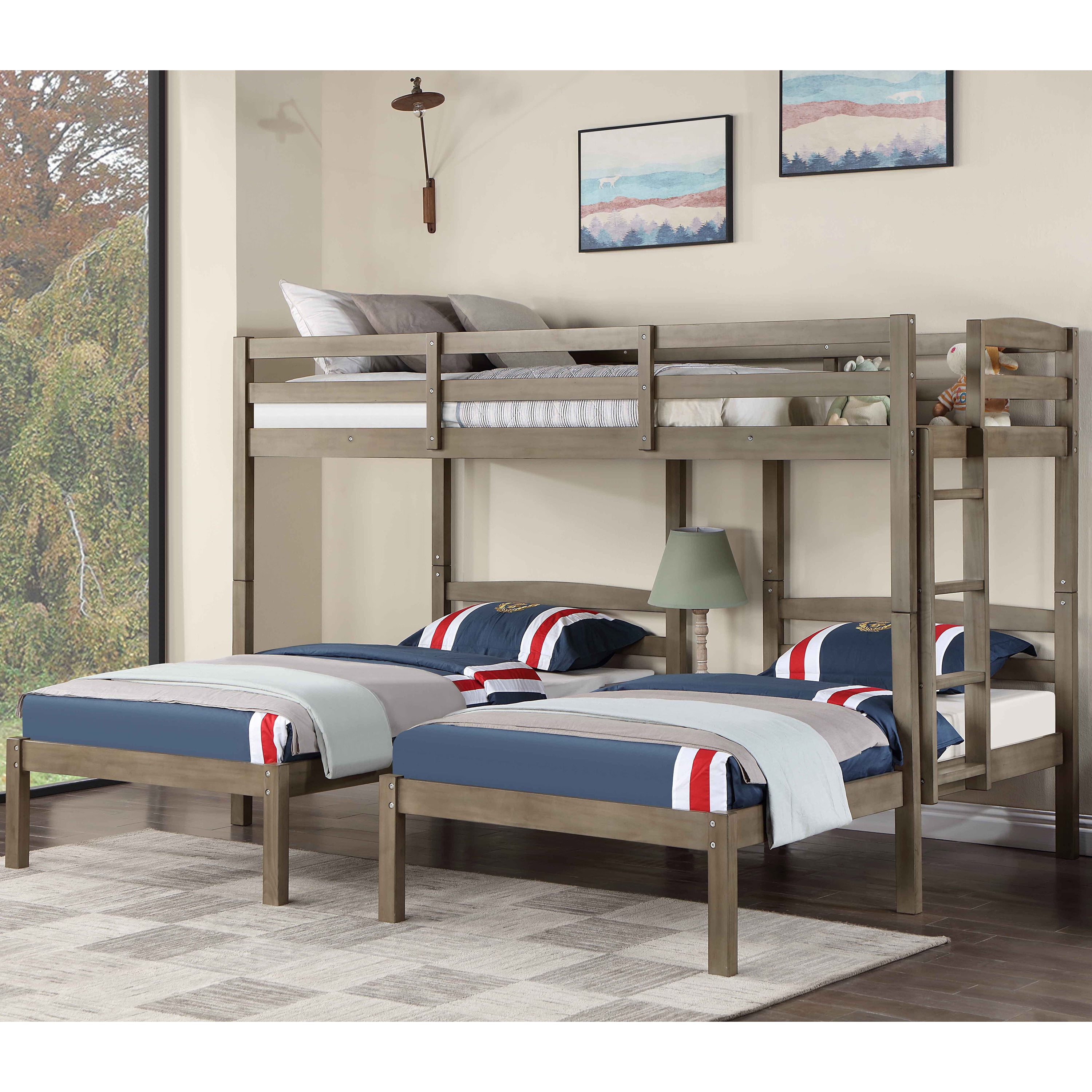 Furniture of America Roligt Kids Triple Twin Wood Bunk Bed with USB ...